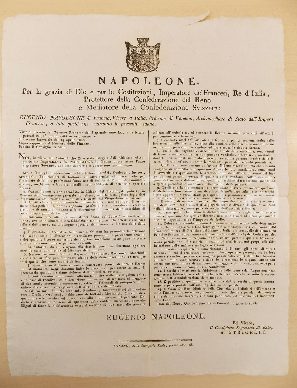 Documento originale, autentico 1813 REGNO D ITALIA MILANO Editto e tariffa sul gioco del lotto  RARO 4 pp. 1