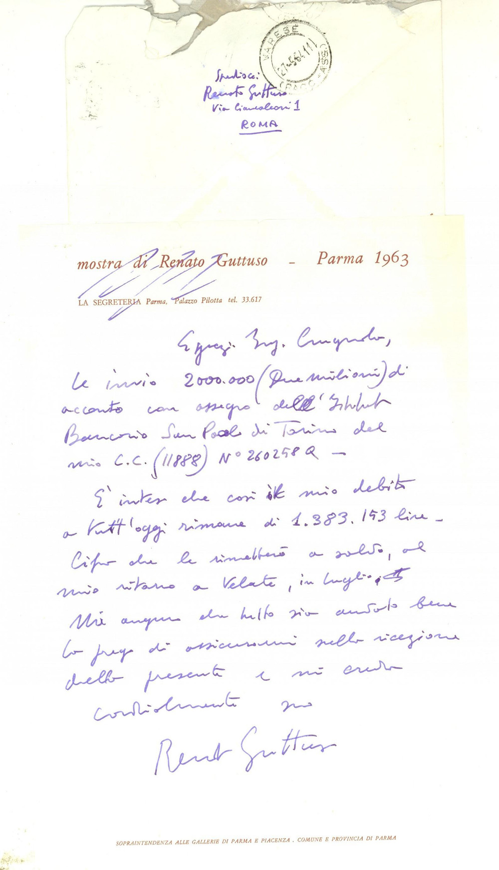 1963 ROMA Lettera Renato GUTTUSO per saldo lavori a impresa edile - AUTOGRAFO