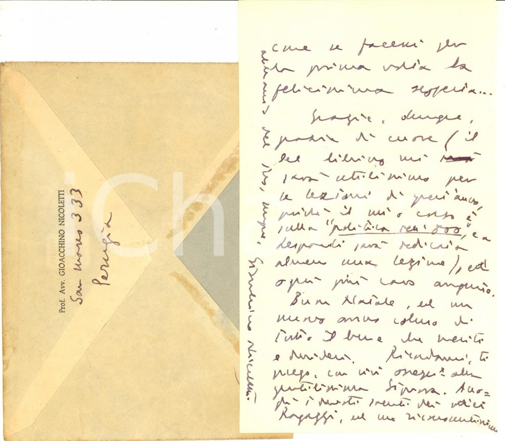 Autografo originale 1951 PERUGIA Avv. Gioacchino NICOLETTI ringrazia per dono ricevuto AUTOGRAFO 1