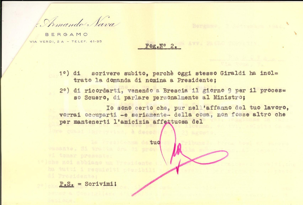 Autografo originale 1944 WW2 BERGAMO Lettera avv. Armando NAVA per cariche in Tribunale AUTOGRAFO 1