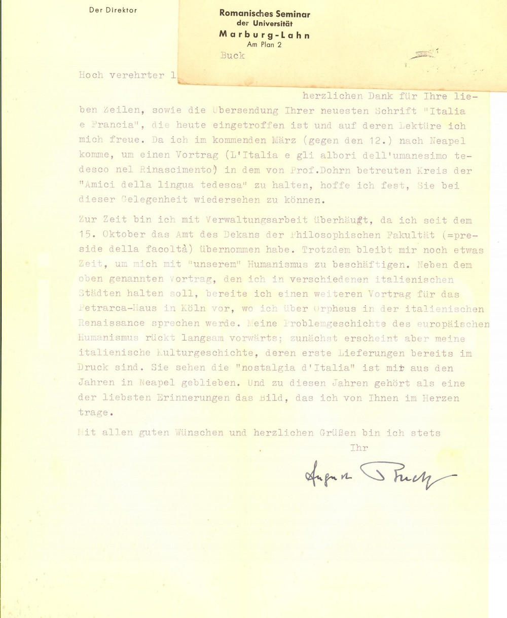 Autografo originale 1960 MARBURG Lettera prof. August BUCK per convegno in Italia Autografo 1