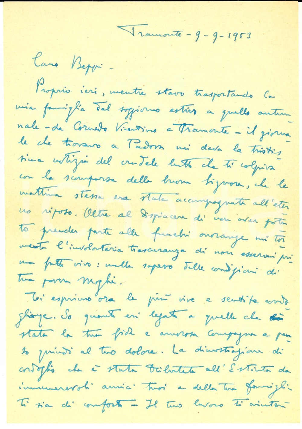 Autografo originale 1953 TRAMONTE PD Lettera Bruno BRUNELLI BONETTI per condoglianze Autografo 1