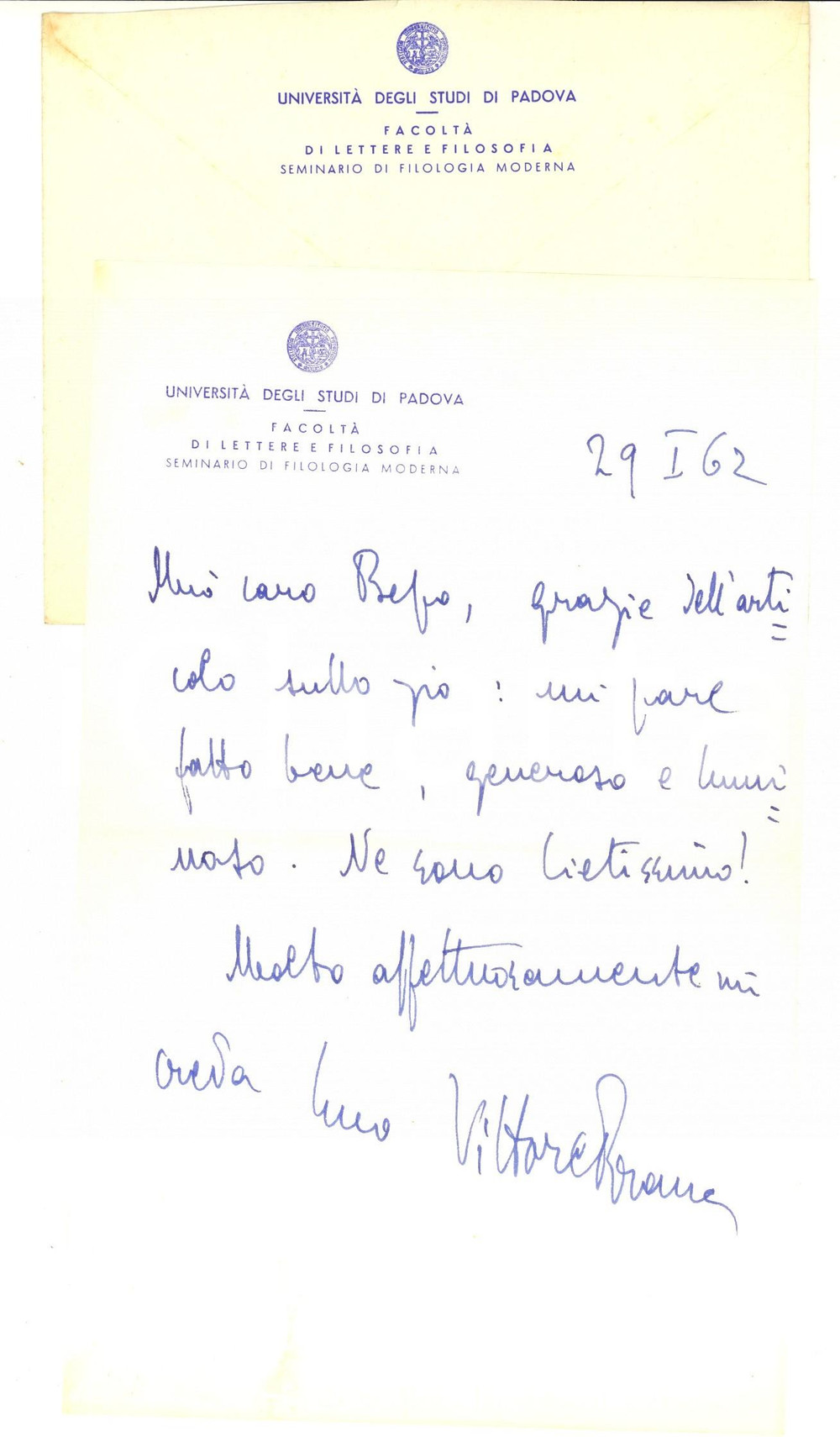 Autografo originale 1962 UNIVERSITA  DI PADOVA Vittore BRANCA ringrazia per un articolo  Autografo 1