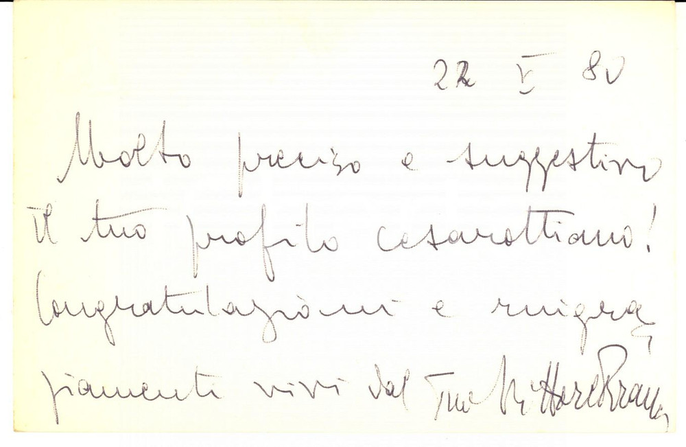 Autografo originale 1980 VENEZIA Biglietto Vittore BRANCA per congratulazioni  Autografo 1