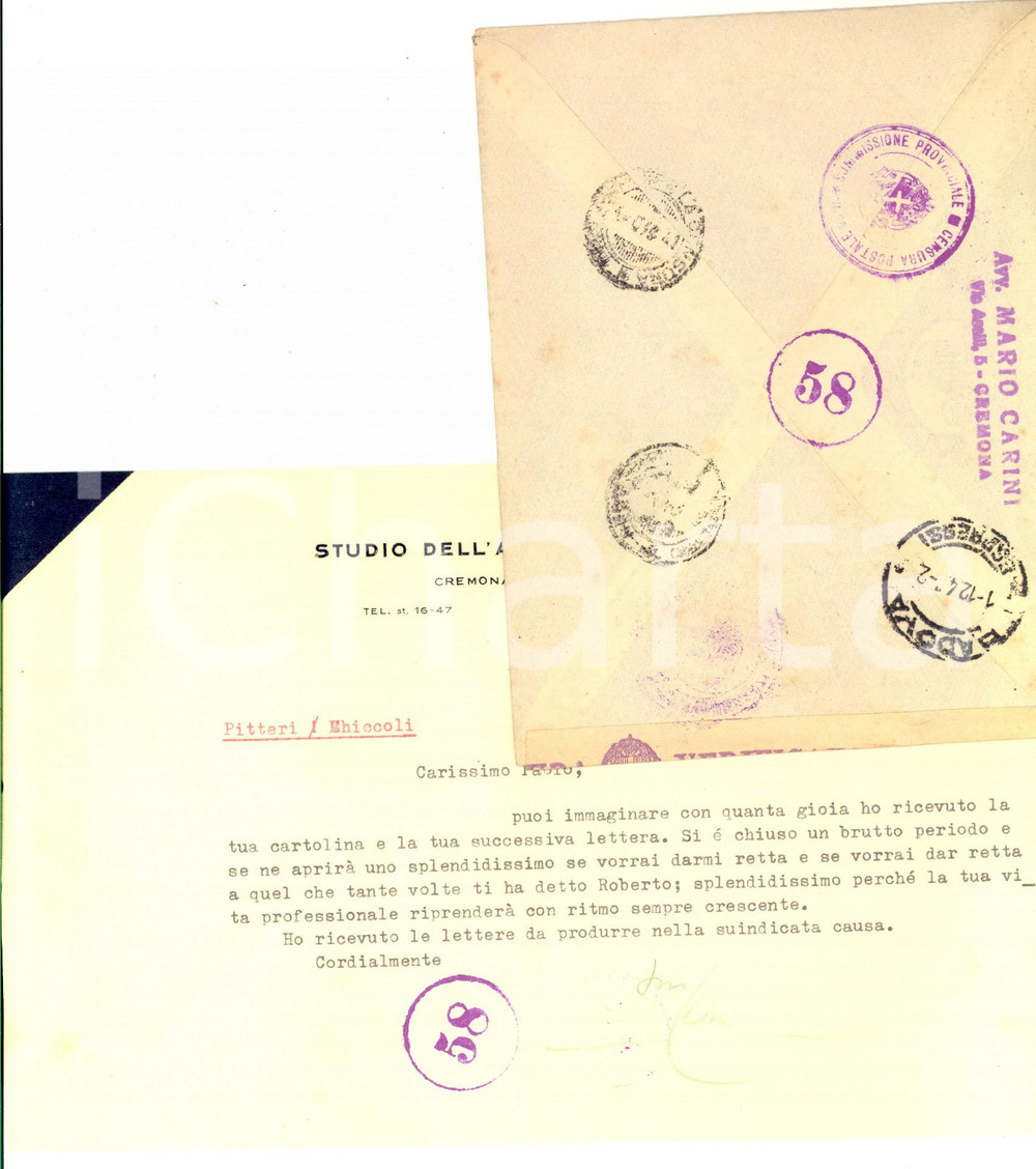 1943 RSI CREMONA Lettera avv. Mario CARINI a un collega - Autografo TIMBRI Lettera dattiloscritta, con firma autografa.Su carta intestata.Busta viaggiata con timbri censura .CONDIZIONI: G    originale e autentica 1