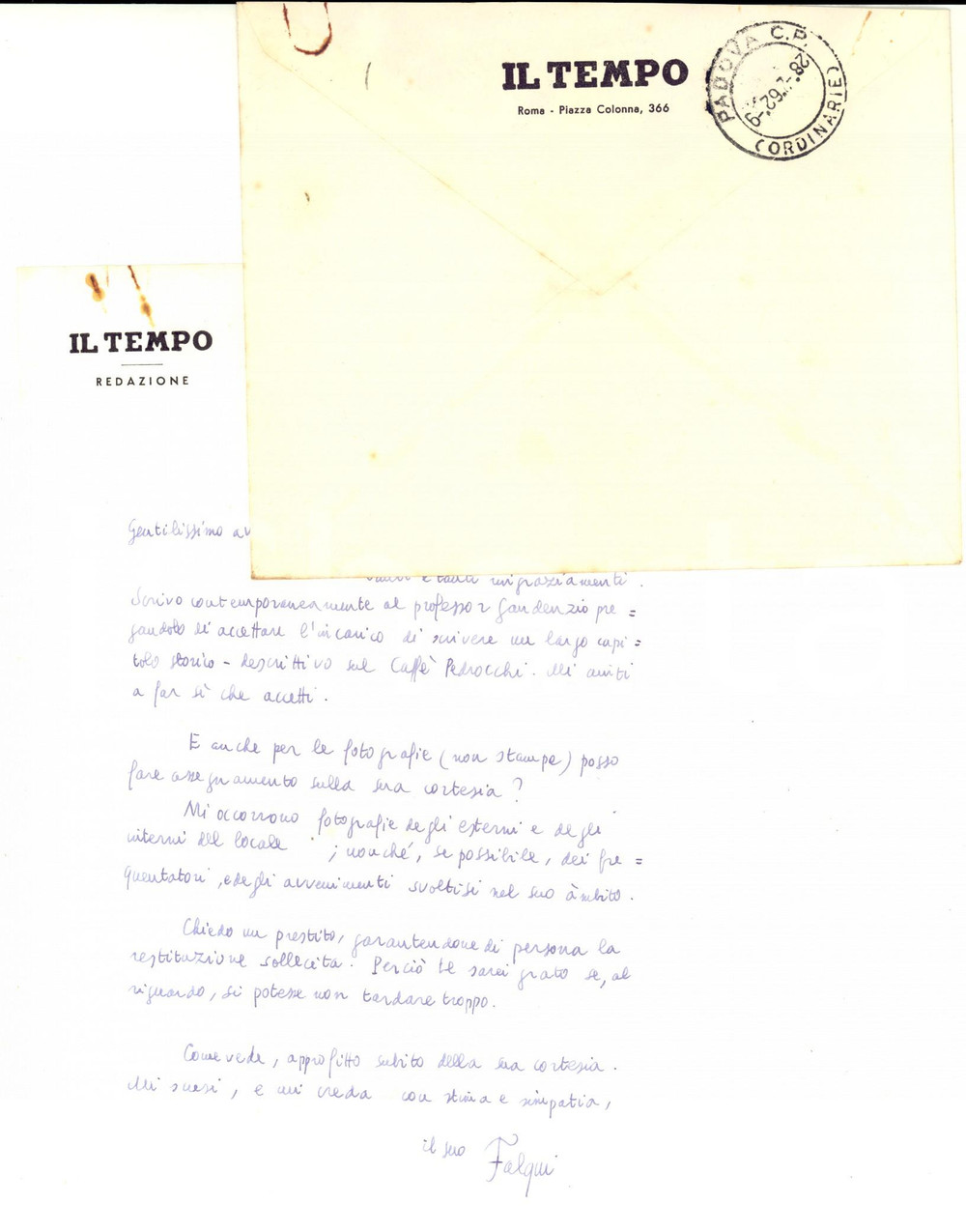 Autografo originale 1962 ROMA IL TEMPO Lettera Enrico FALQUI per una pubblicazione Autografo 1
