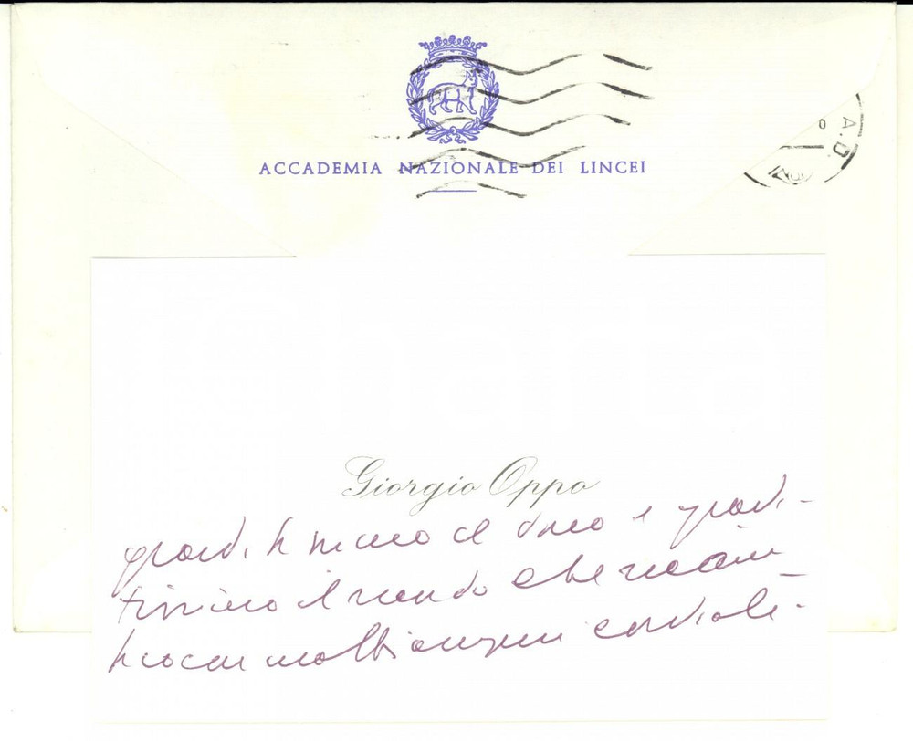 1986 ROMA Accademia dei Lincei - Biglietto Giorgio OPPO - Autografo Biglietto da visita con messaggio autografo.Busta intestata.CONDIZIONI: G    originale e autentica 1