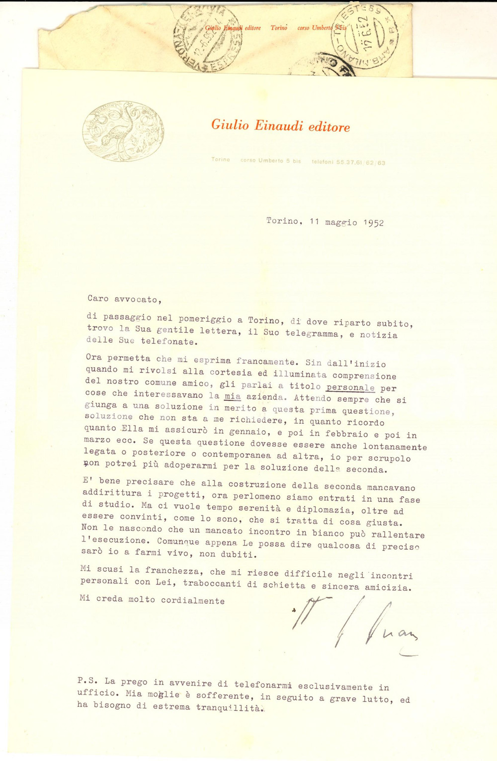1952 TORINO Lettera Giulio EINAUDI a un avvocato per l'azienda - Autografo