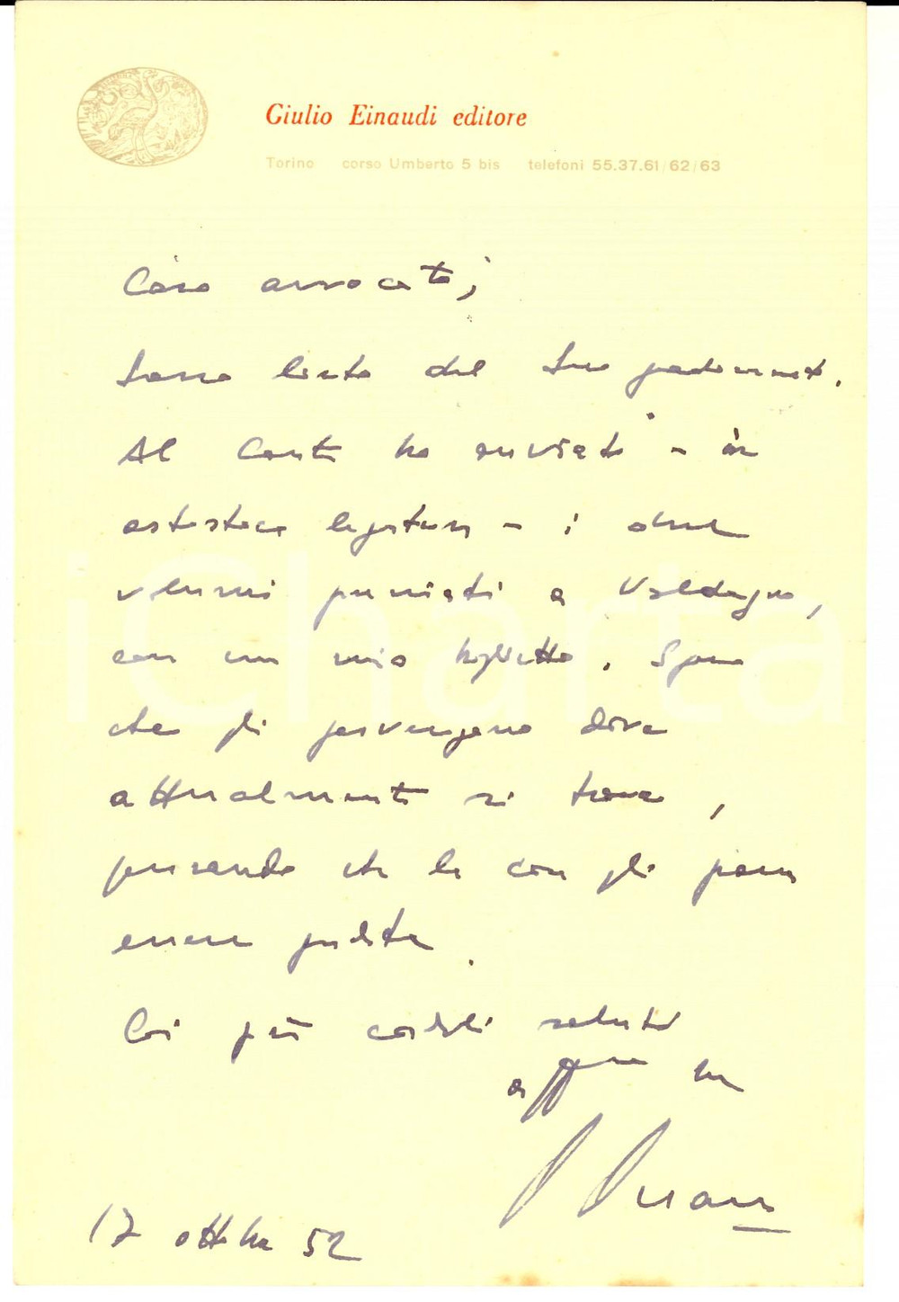 Autografo originale 1952 TORINO Lettera Giulio EINAUDI per un invio di volumi  Autografo 1