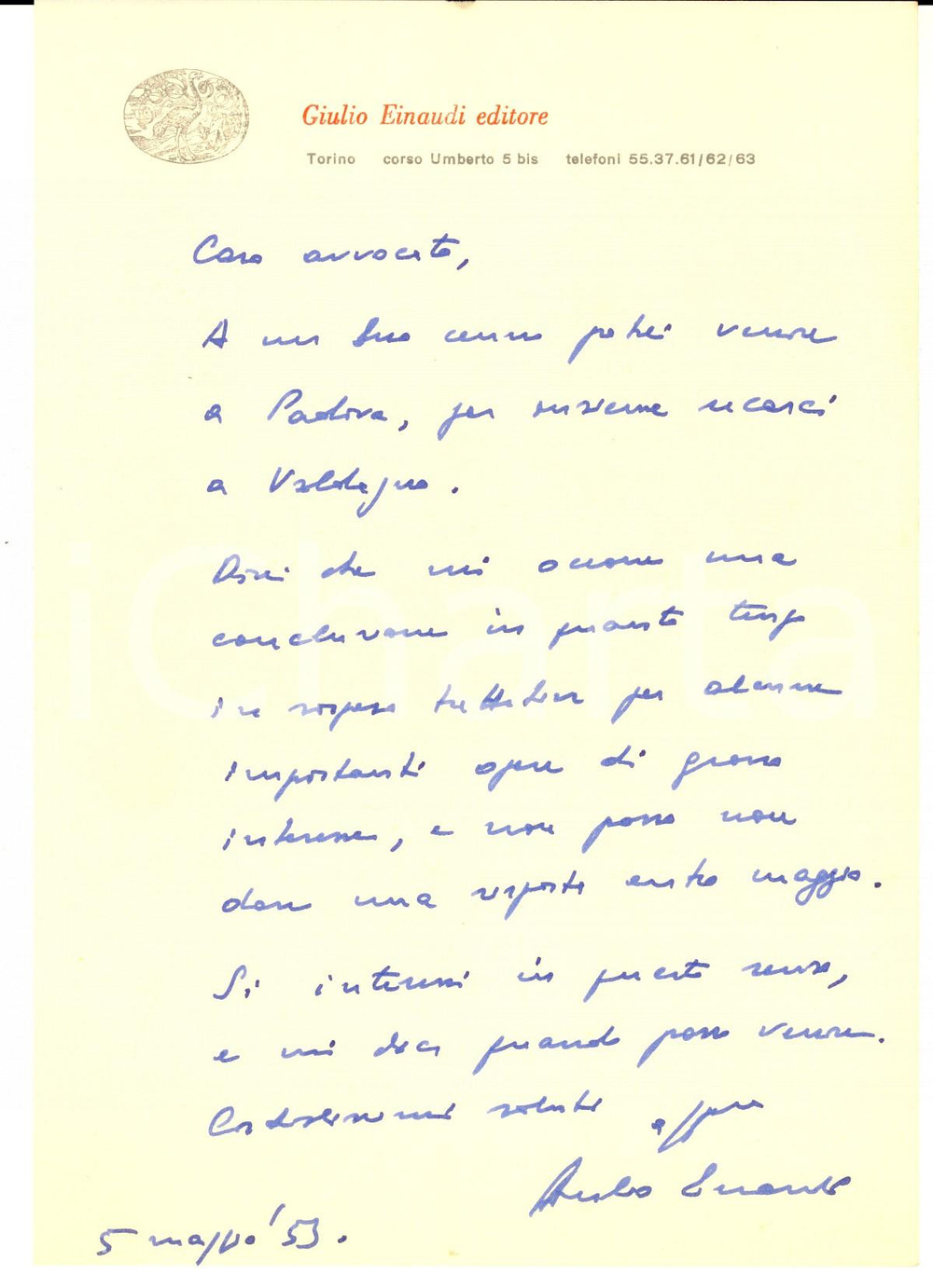 Autografo originale 1953 TORINO Lettera Giulio EINAUDI per opere in preparazione  Autografo 1