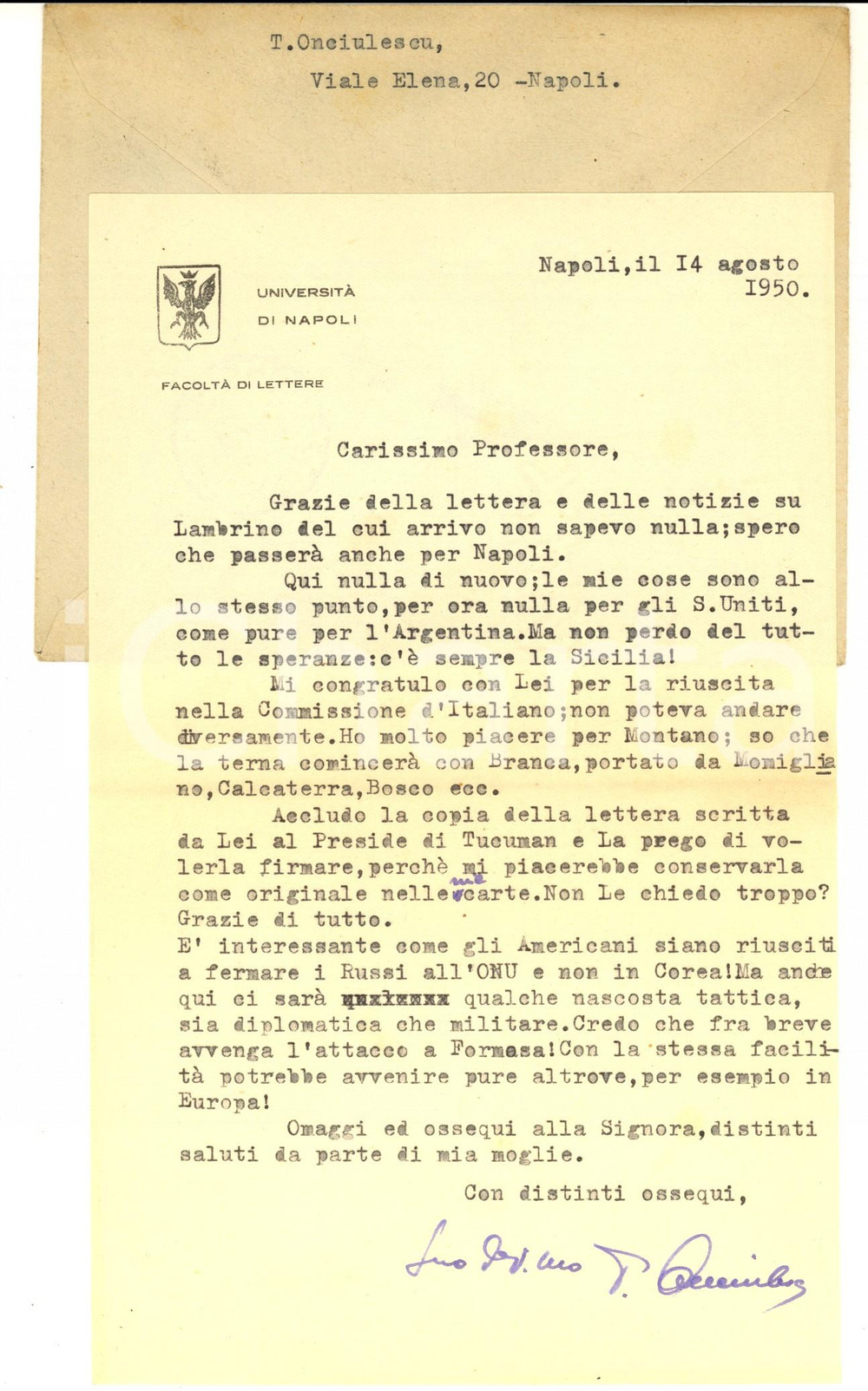 Autografo originale 1950 UNIVERSITA  DI NAPOLI Lettera Teodor ONCIULESCU a un collega  Autografo 1