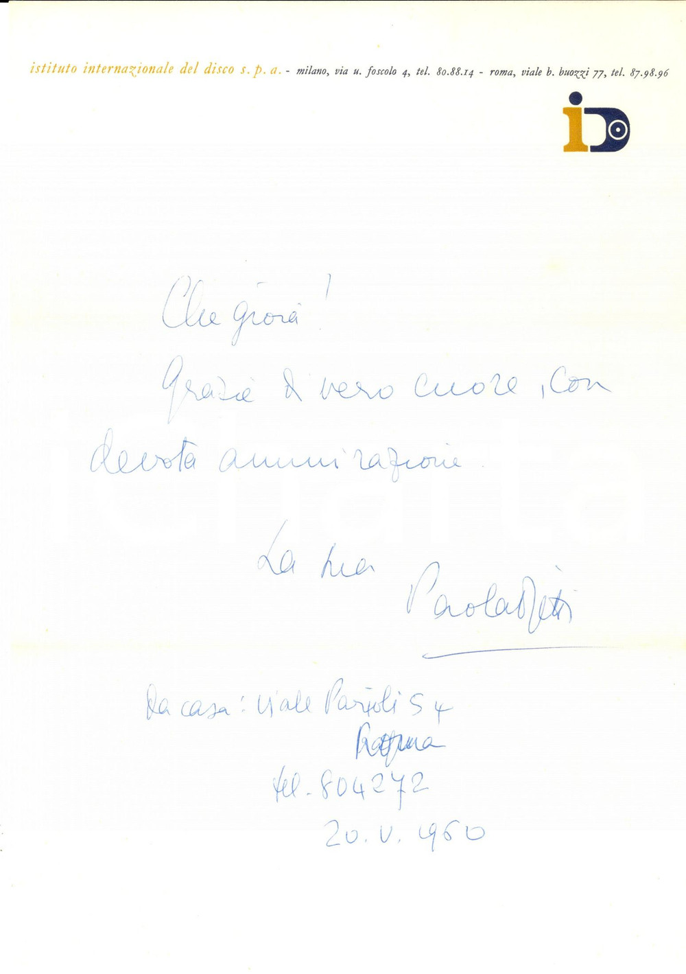 Autografo originale 1960 ROMA Istituto del Disco  Lettera Paola OJETTI ringraziamento  Autografo 1