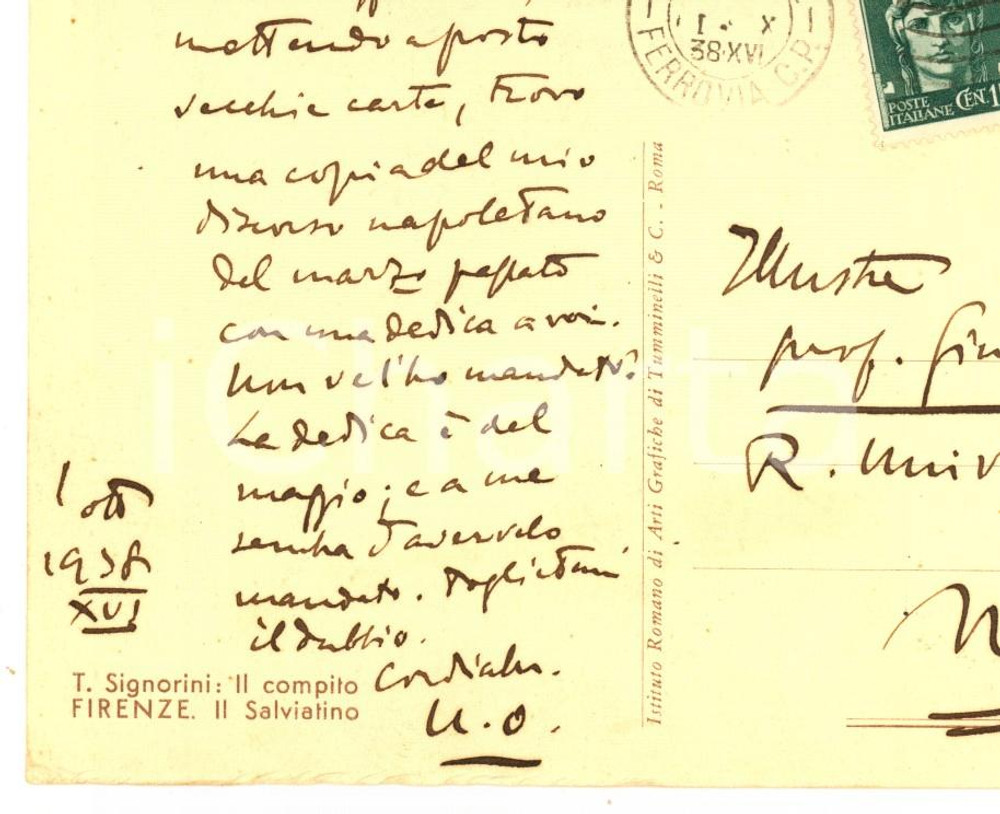 Autografo originale 1938 FIRENZE Cartolina Ugo OJETTI per invio a un collega  AUTOGRAFO 1