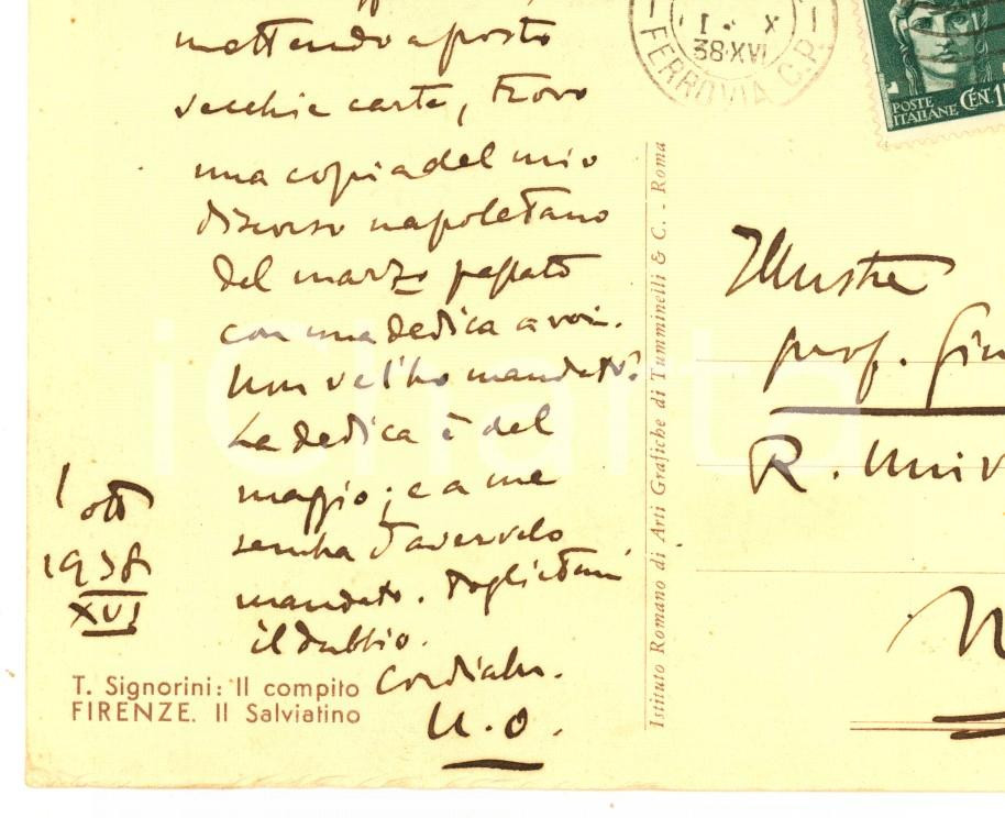 Autografo originale 1938 FIRENZE Cartolina Ugo OJETTI per invio a un collega  AUTOGRAFO 1