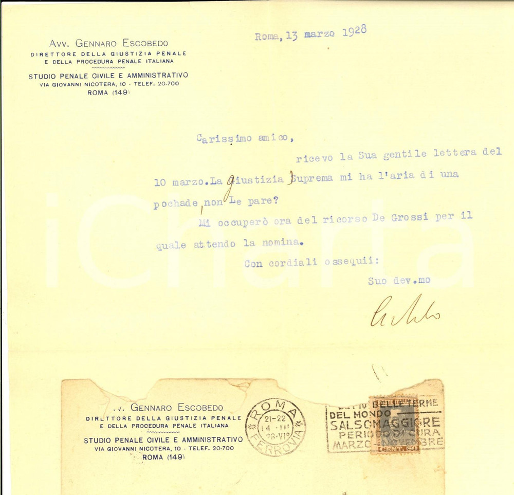 1928 ROMA Lettera avv. Gennaro ESCOBEDO a un collega per ricorso - Autografo