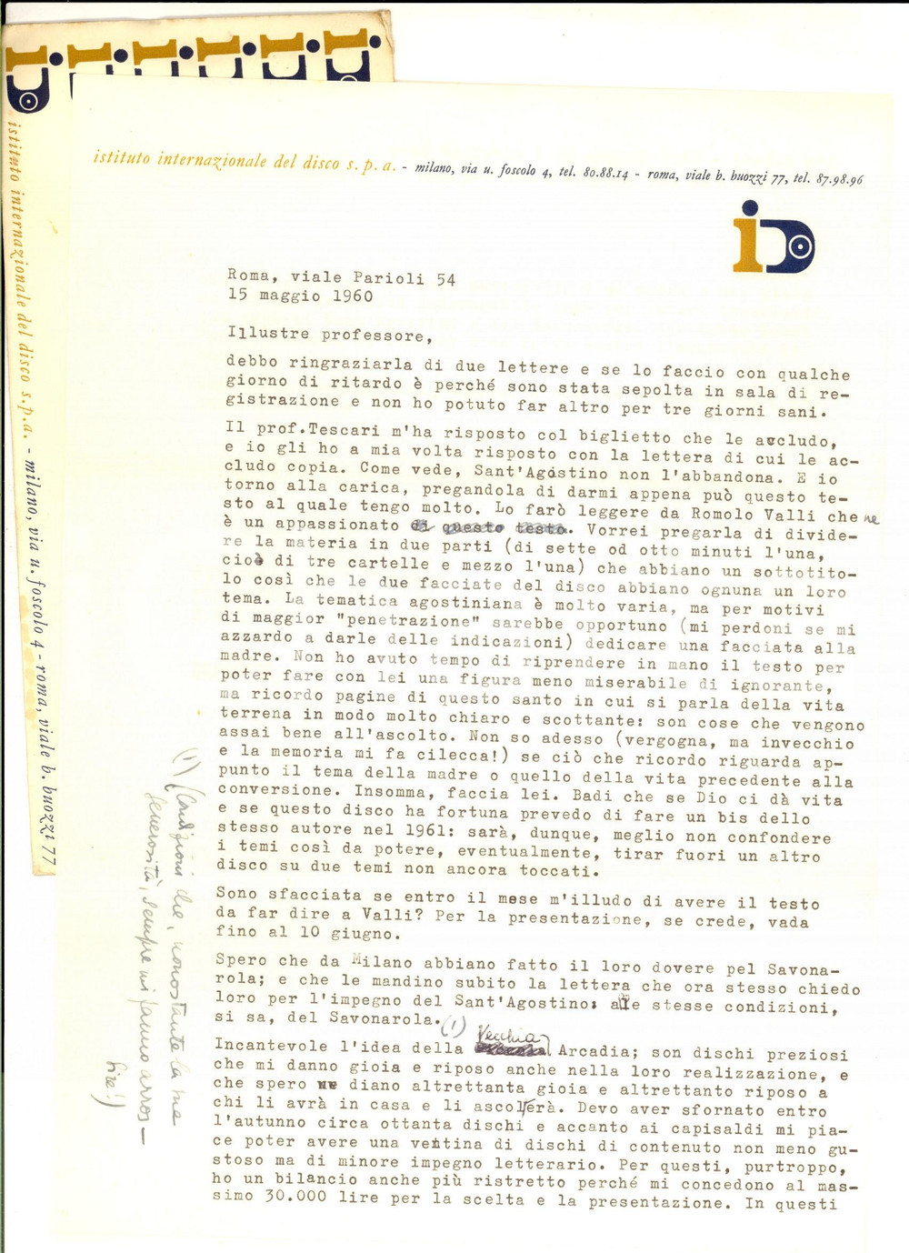 1960 ROMA Istituto del Disco - Paola OJETTI su progetto S. Agostino - Autografo