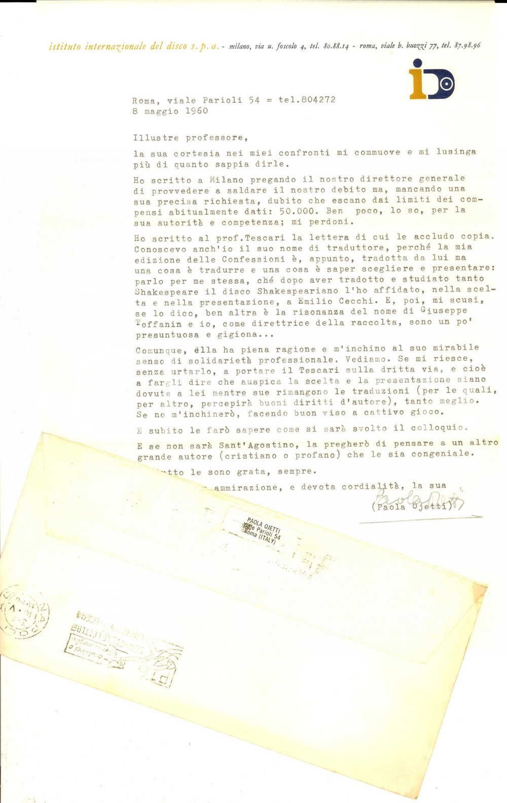 Autografo originale 1960 ROMA Istituto del Disco  Lettera di Paola OJETTI per disco   Autografo 1