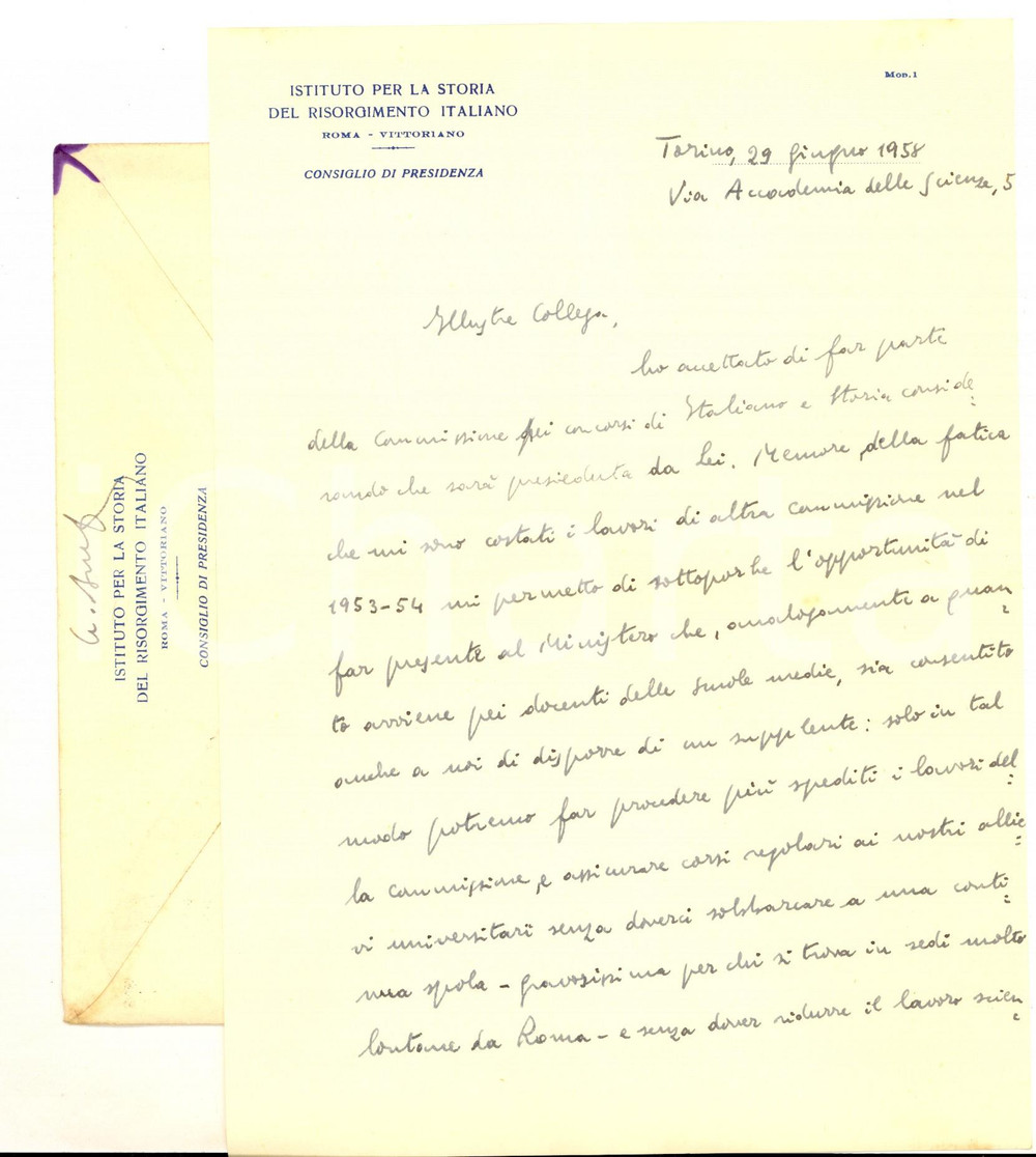 Autografo originale 1958 TORINO Istituto Storia Risorgimento  Lettera Luigi BULFERETTI Autografo 1