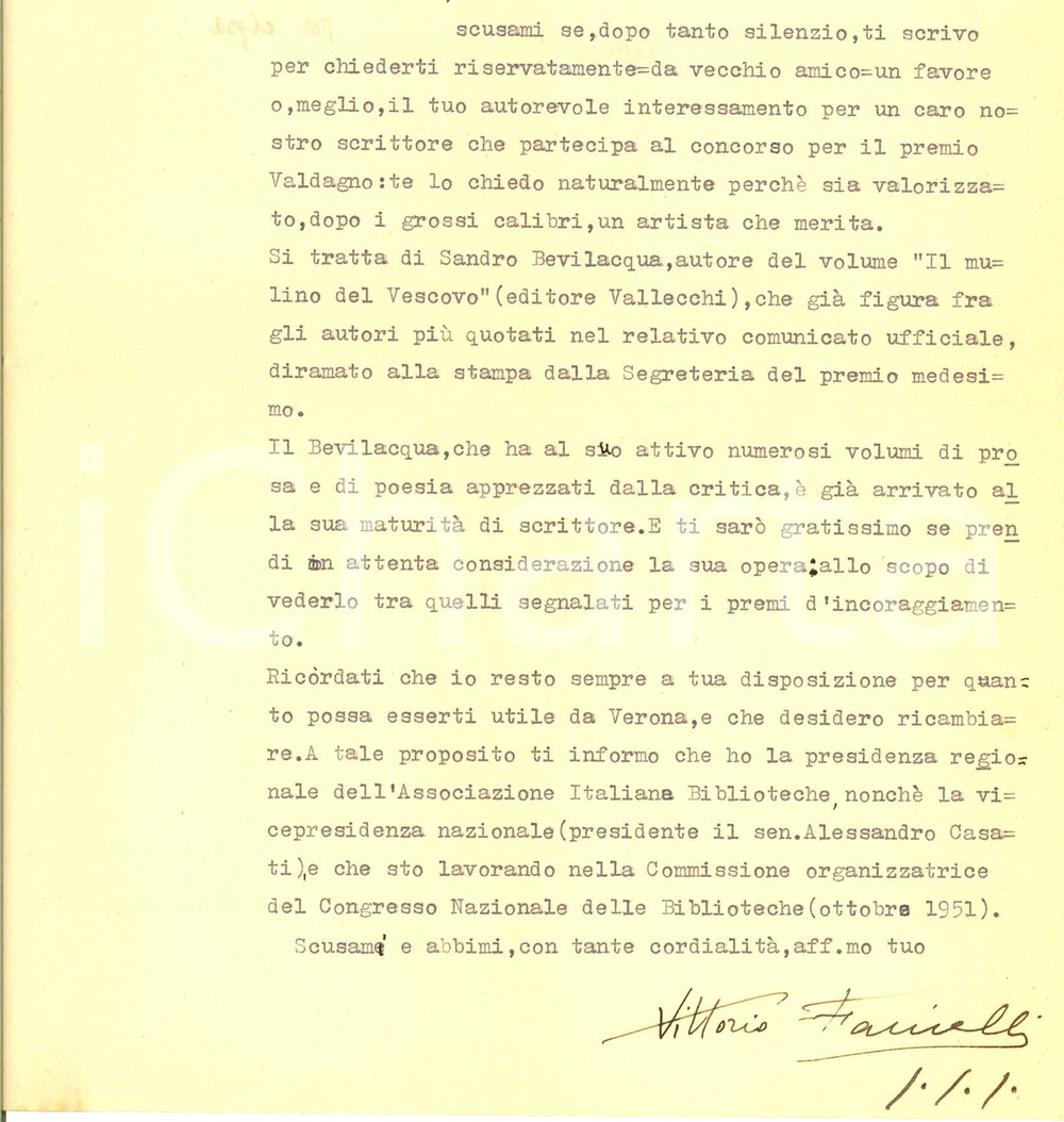Autografo originale 1951 VERONA Lettera Vittorio FAINELLI per raccomandazione  Autografo 1