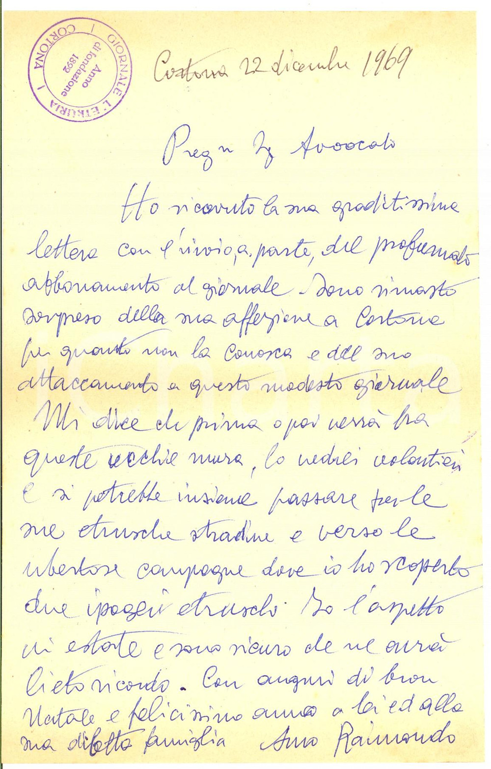 Autografo originale 1969 CORTONA Giornale L ETRURIA  Lettera Raimondo BISTACCI  Autografo 1