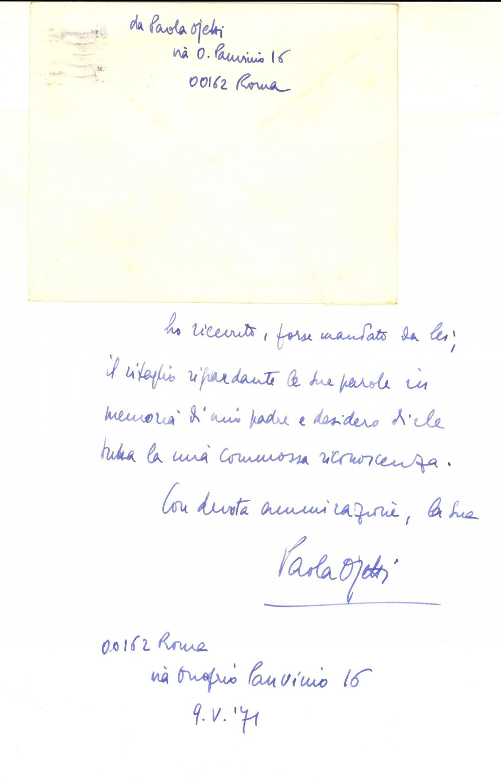 1971 ROMA Lettera Paola OJETTI per ringraziamento - Autografo
