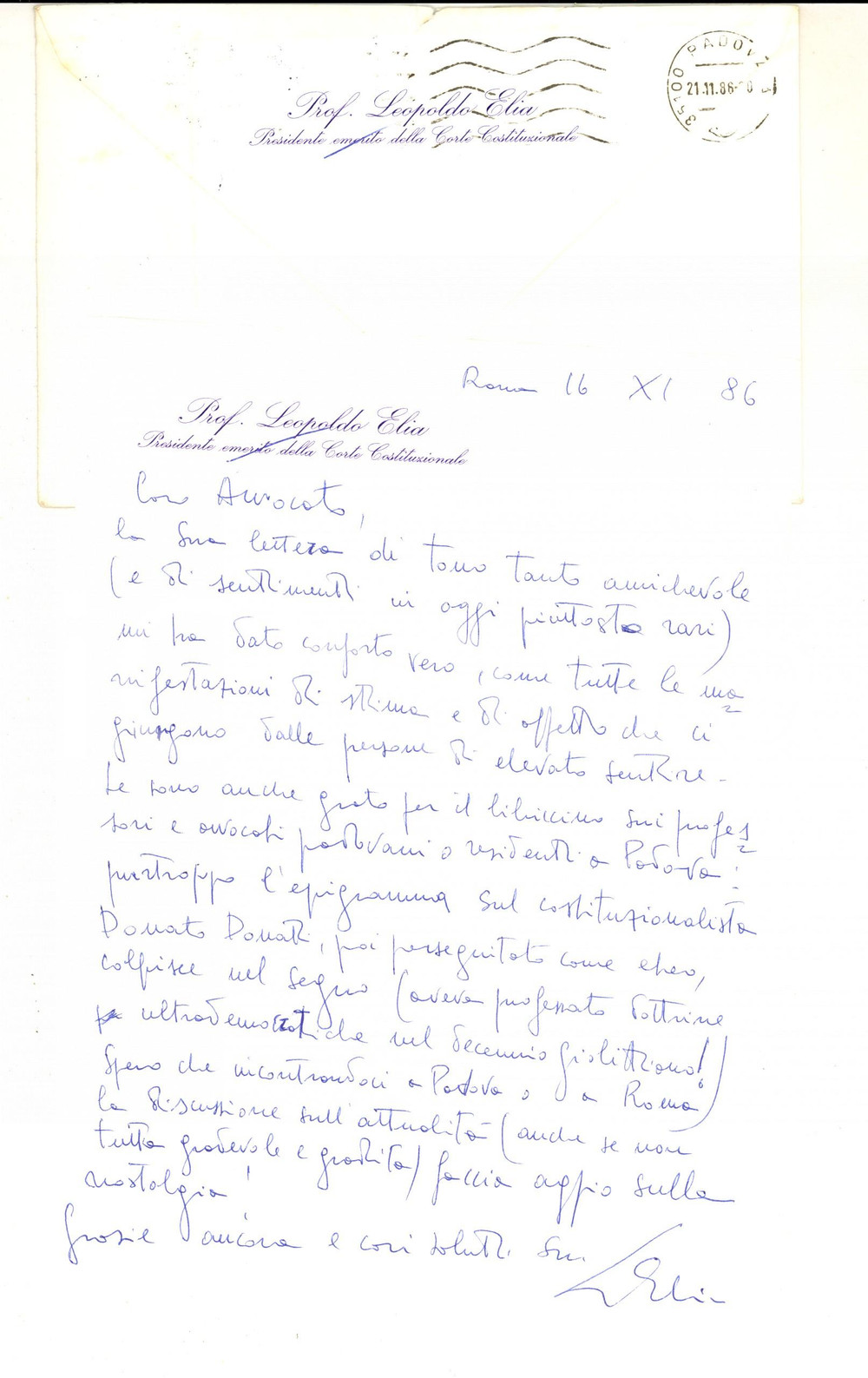 Autografo originale 1986 ROMA Lettera Leopoldo ELIA per un libro ricevuto  Autografo 1