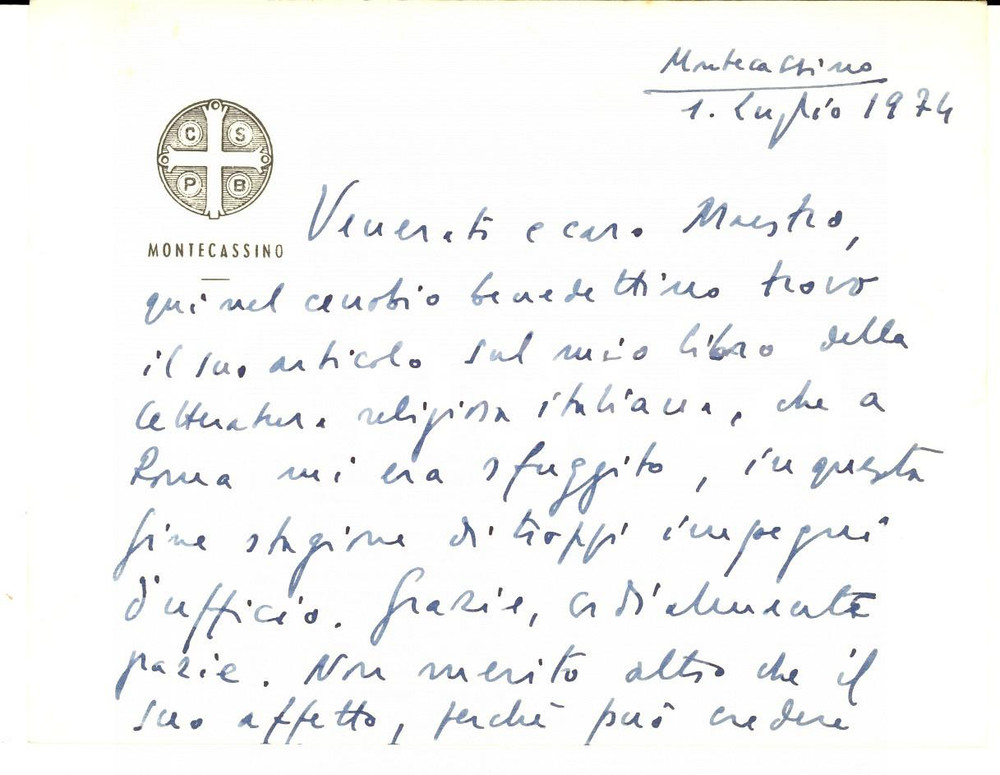 Autografo originale 1974 MONTECASSINO Biglietto mons. Giovanni FALLANI  ringraziamento  Autografo 1