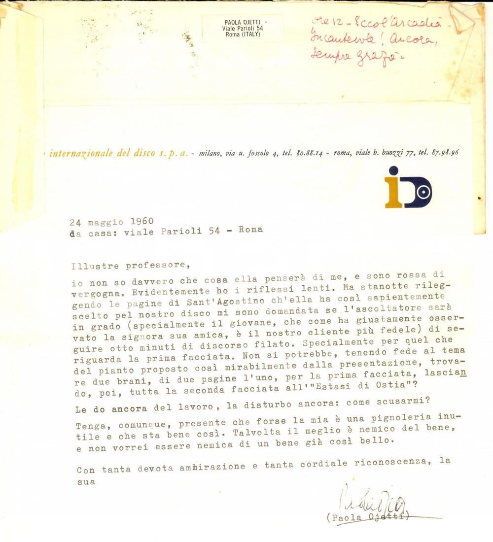 Autografo originale 1960 ROMA Istituto del Disco  Lettera Paola OJETTI per un disco  Autografo 1