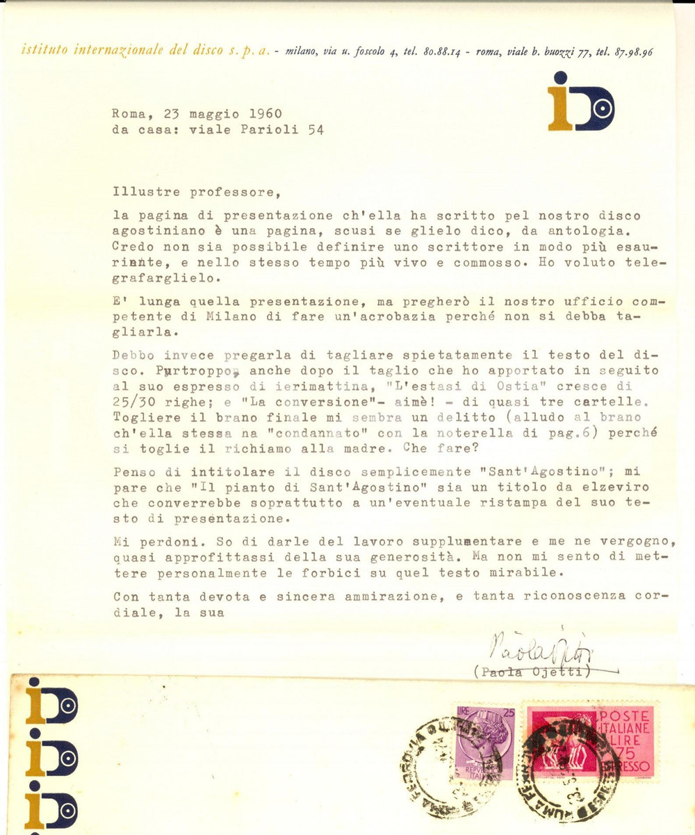 1960 ROMA Istituto del Disco - Paola OJETTI per disco Sant'Agostino - Autografo