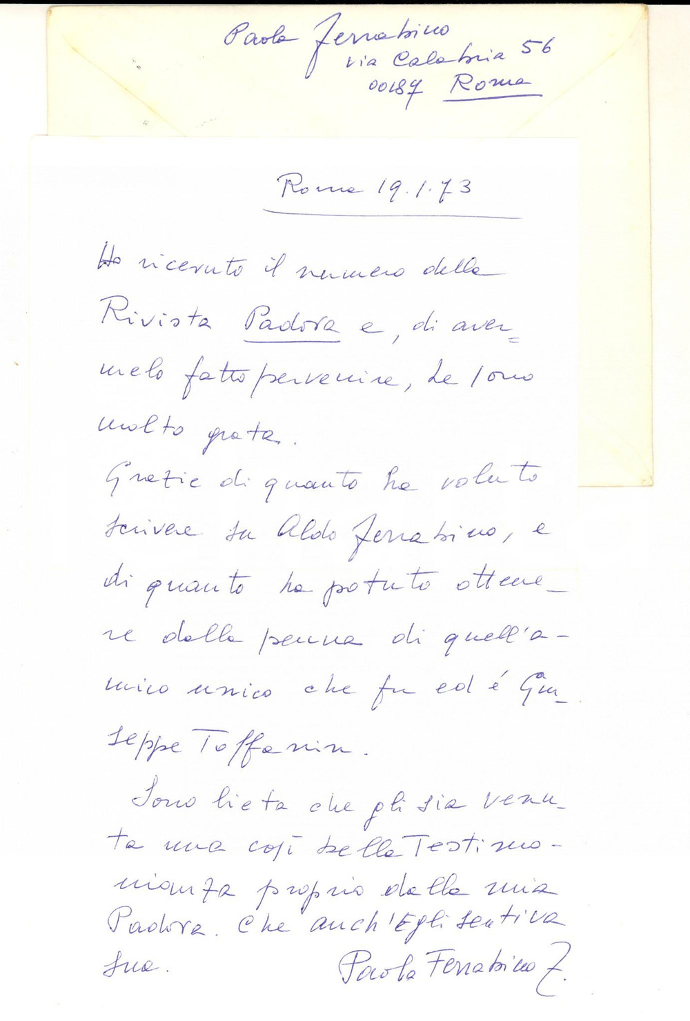 Autografo originale 1973 ROMA Lettera Paola FERRABINO ZANCAN per ringraziamento Autografo 1