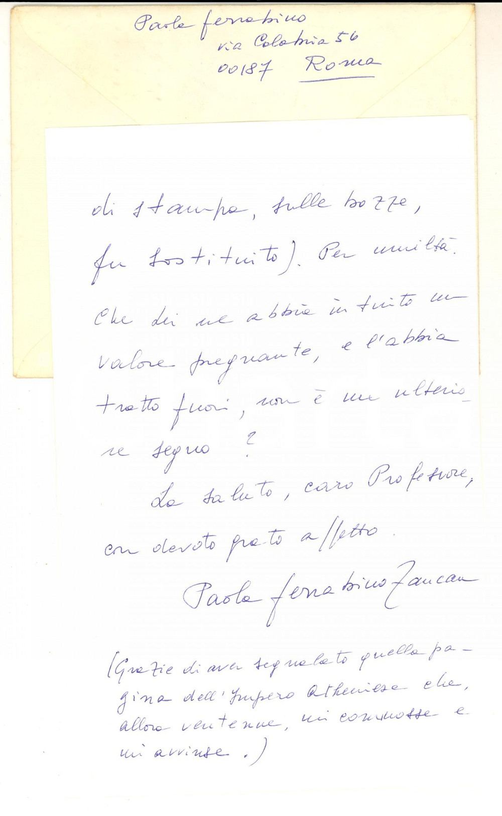 Autografo originale 1973 ROMA Lettera Paola FERRABINO ZANCAN per ringraziamento  Autografo 1