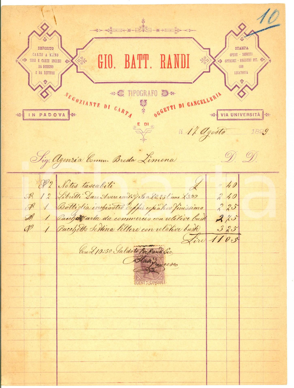 Documento originale, autentico 1899 PADOVA Giovanni Battista RANDI Tipografo e negoziante carta  Fattura 1