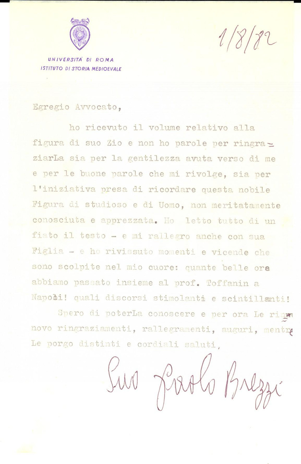 1982 UNIVERSITA' DI ROMA Lettera Paolo BREZZI per ringraziamento - Autografo
