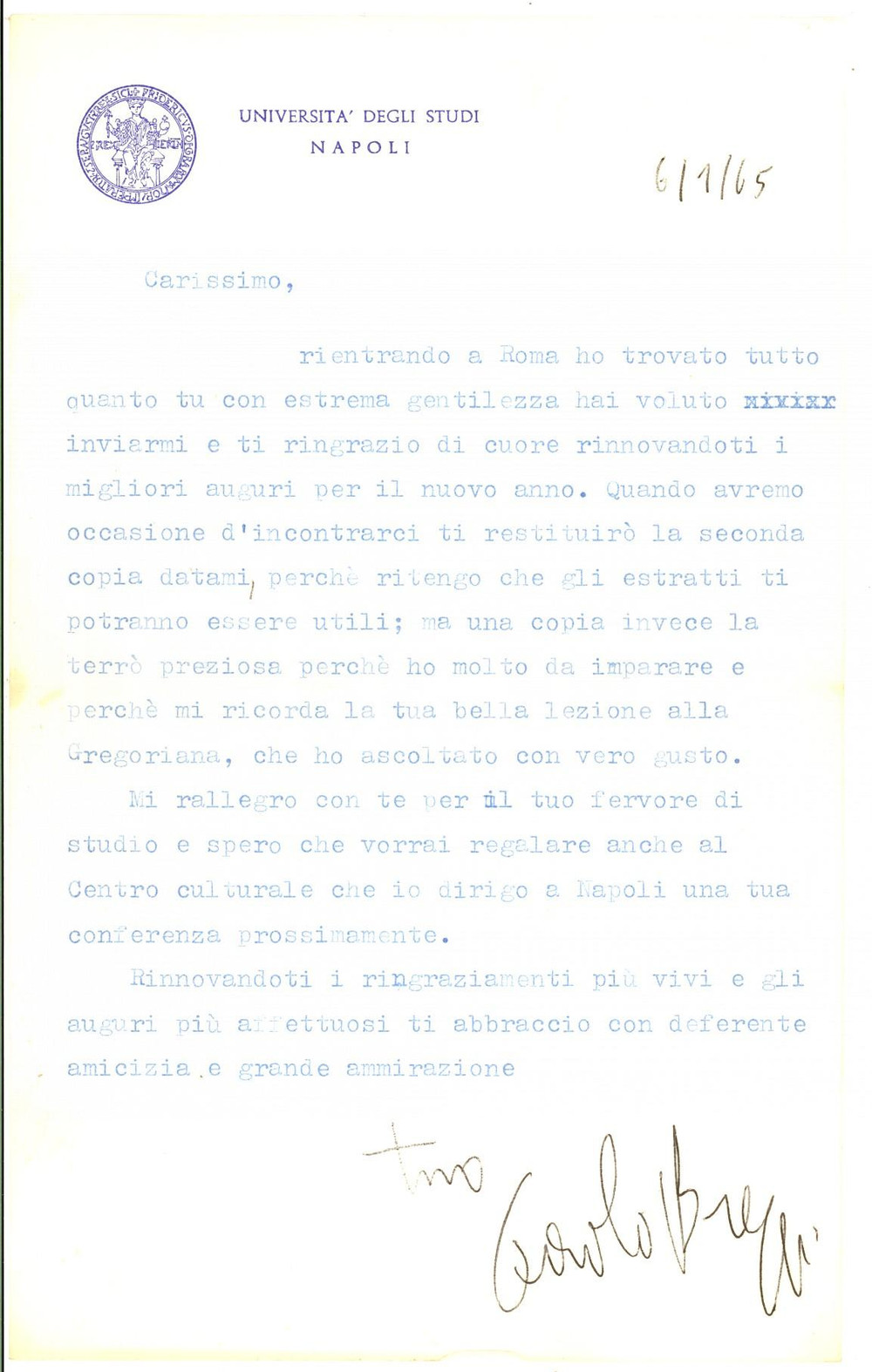 Autografo originale 1965 UNIVERSITA  DI NAPOLI Lettera Paolo BREZZI per ringraziamento Autografo 1