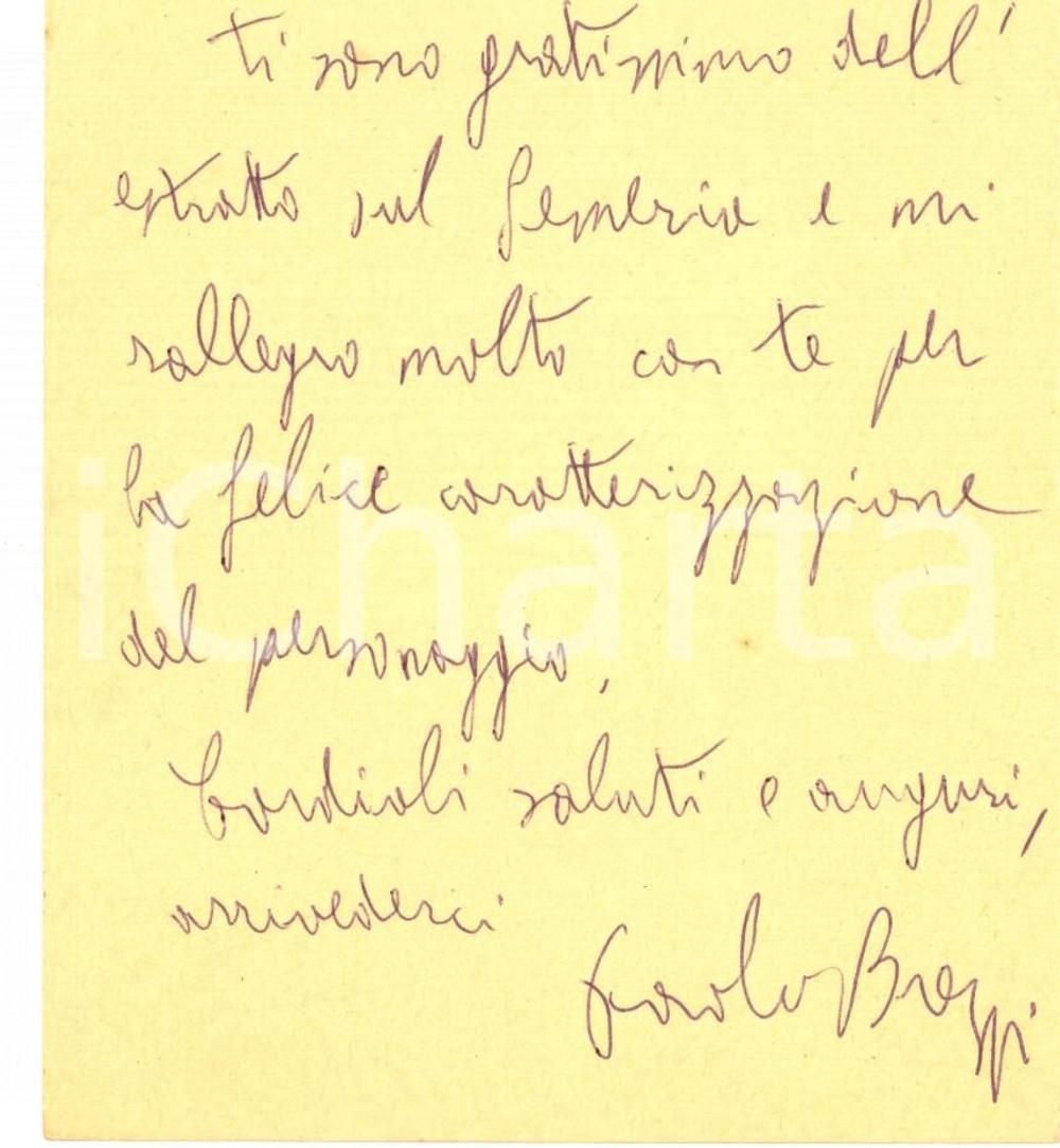 Autografo originale 1967 ROMA Cartolina Paolo BREZZI per ringraziamento  Autografo 1