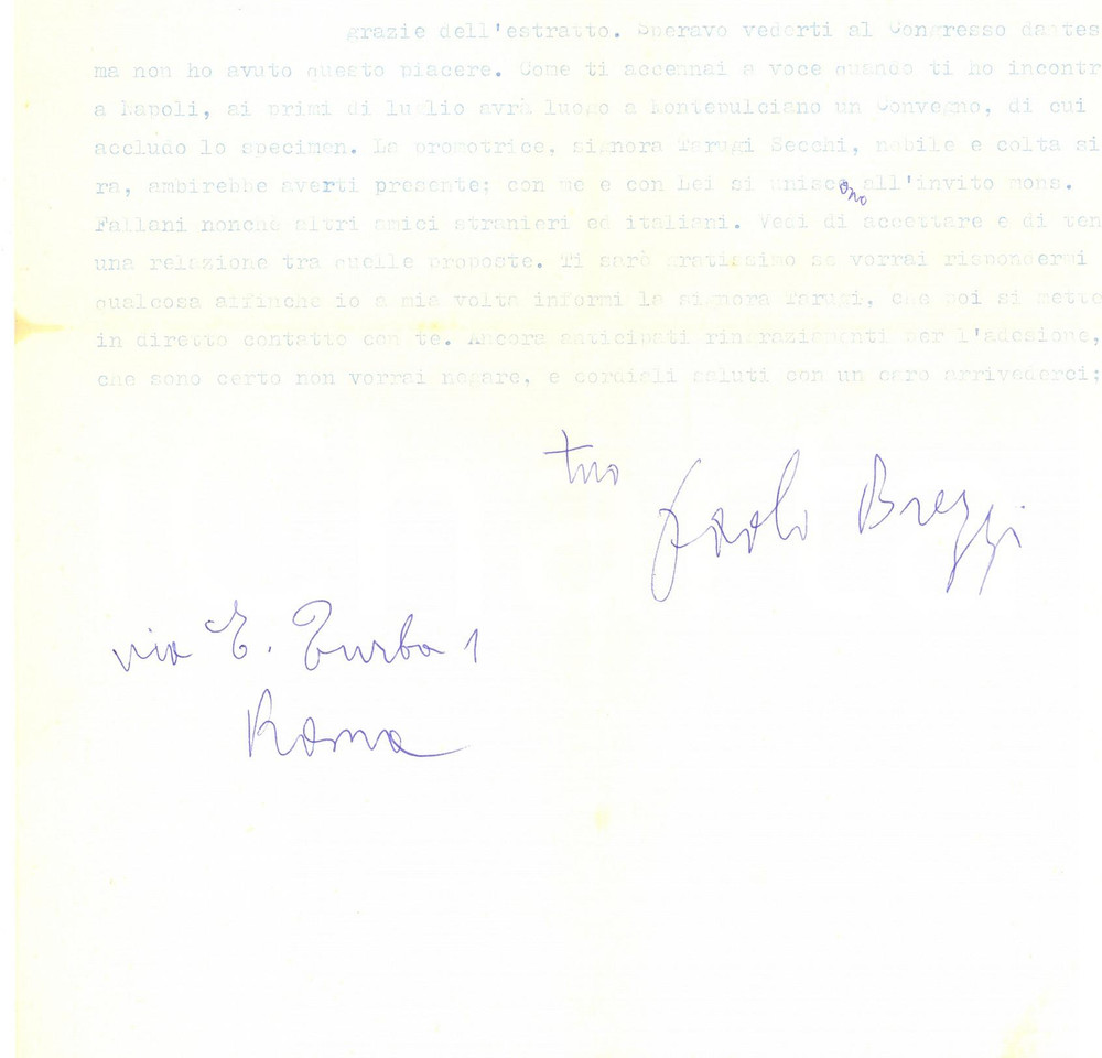 Autografo originale 1965 FIRENZE Lettera Paolo BREZZI  Congresso Centenario Dante Autografo 1