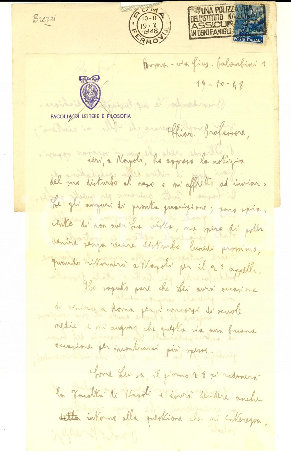 1948 ROMA Facoltà di Lettere - Paolo BREZZI per un concorso *Autografo