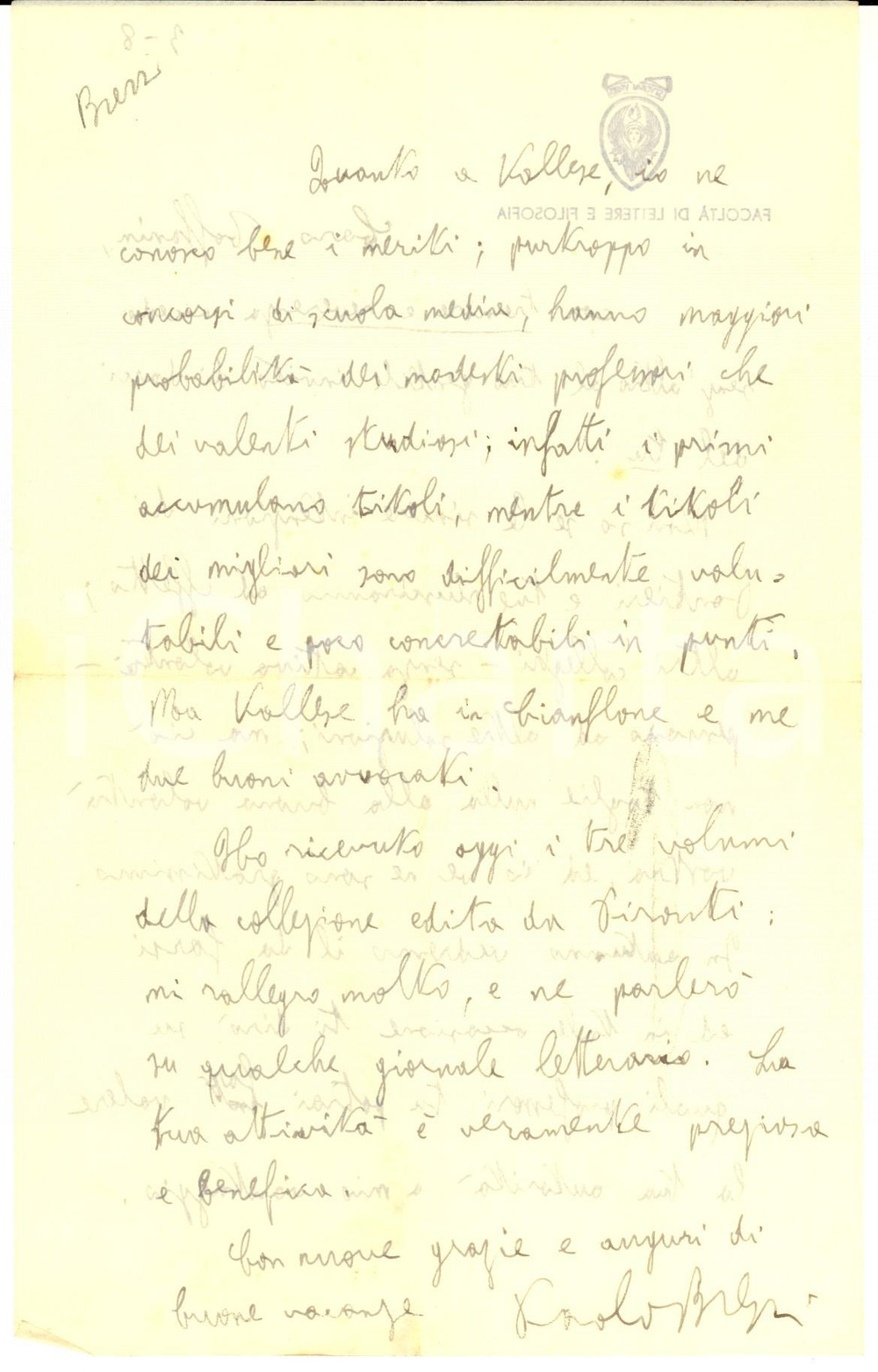 1948 ROMA Facoltà di Lettere - Paolo BREZZI per un concorso - Autografo