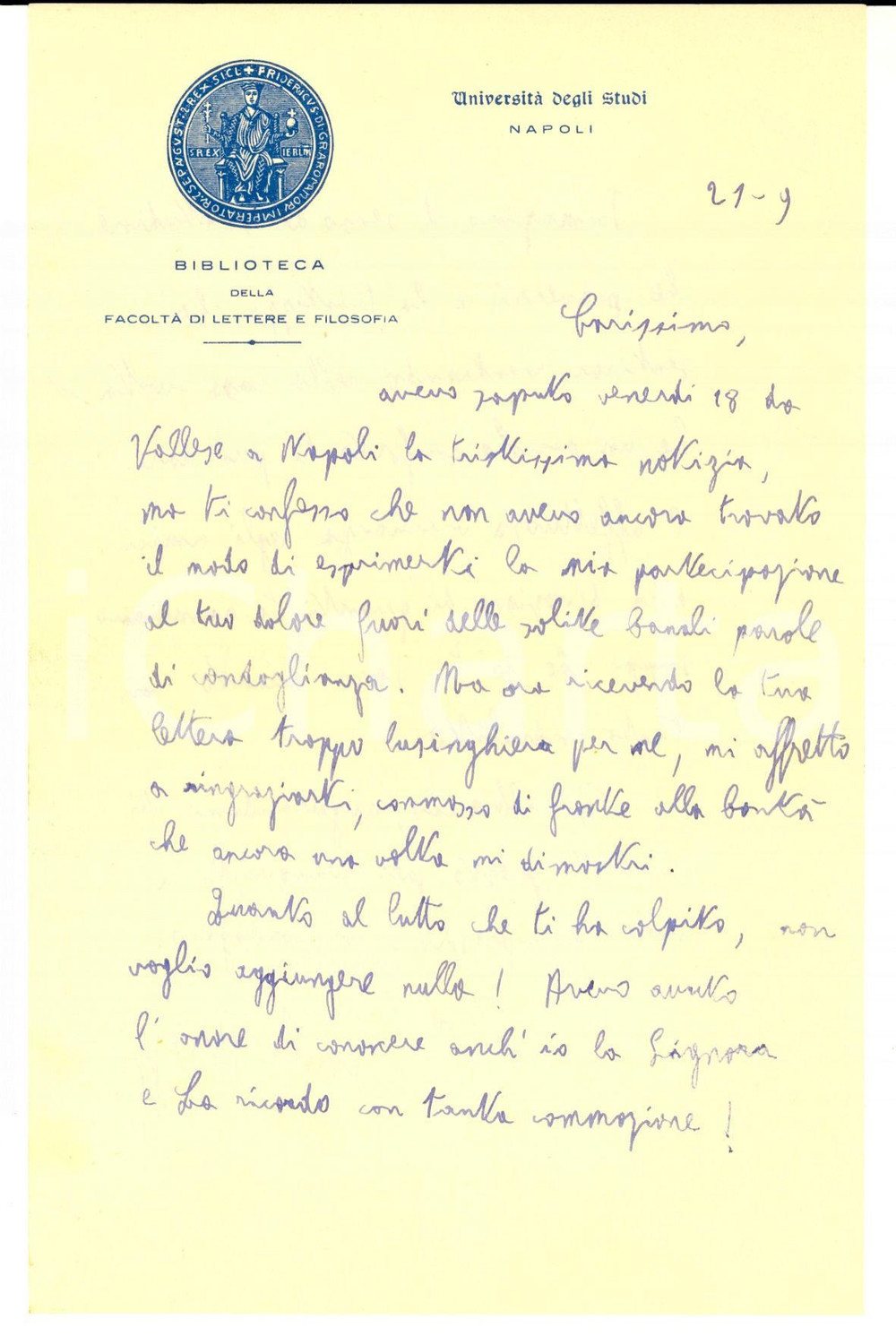 Autografo originale 1960 ca UNIVERSITA  DI NAPOLI Lettera Paolo BREZZI per condoglianze Autografo 1