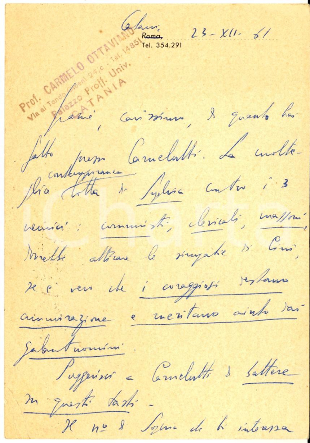 1961 CATANIA Cartolina postale Carmelo OTTAVIANO - Rivista SOPHIA - Autografo