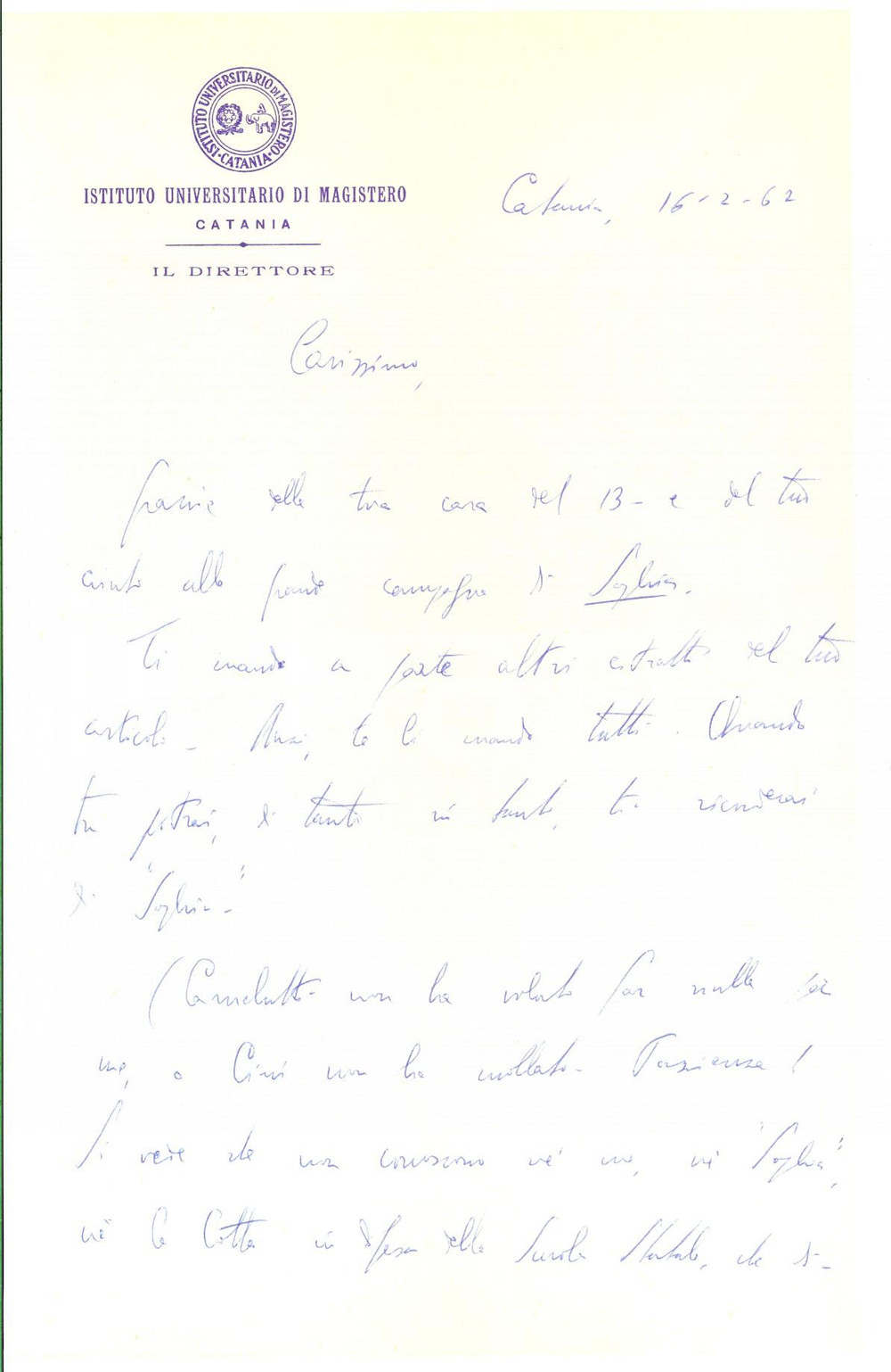 Autografo originale 1962 CATANIA Lettera filosofo Carmelo OTTAVIANO per un concorso  Autografo 1