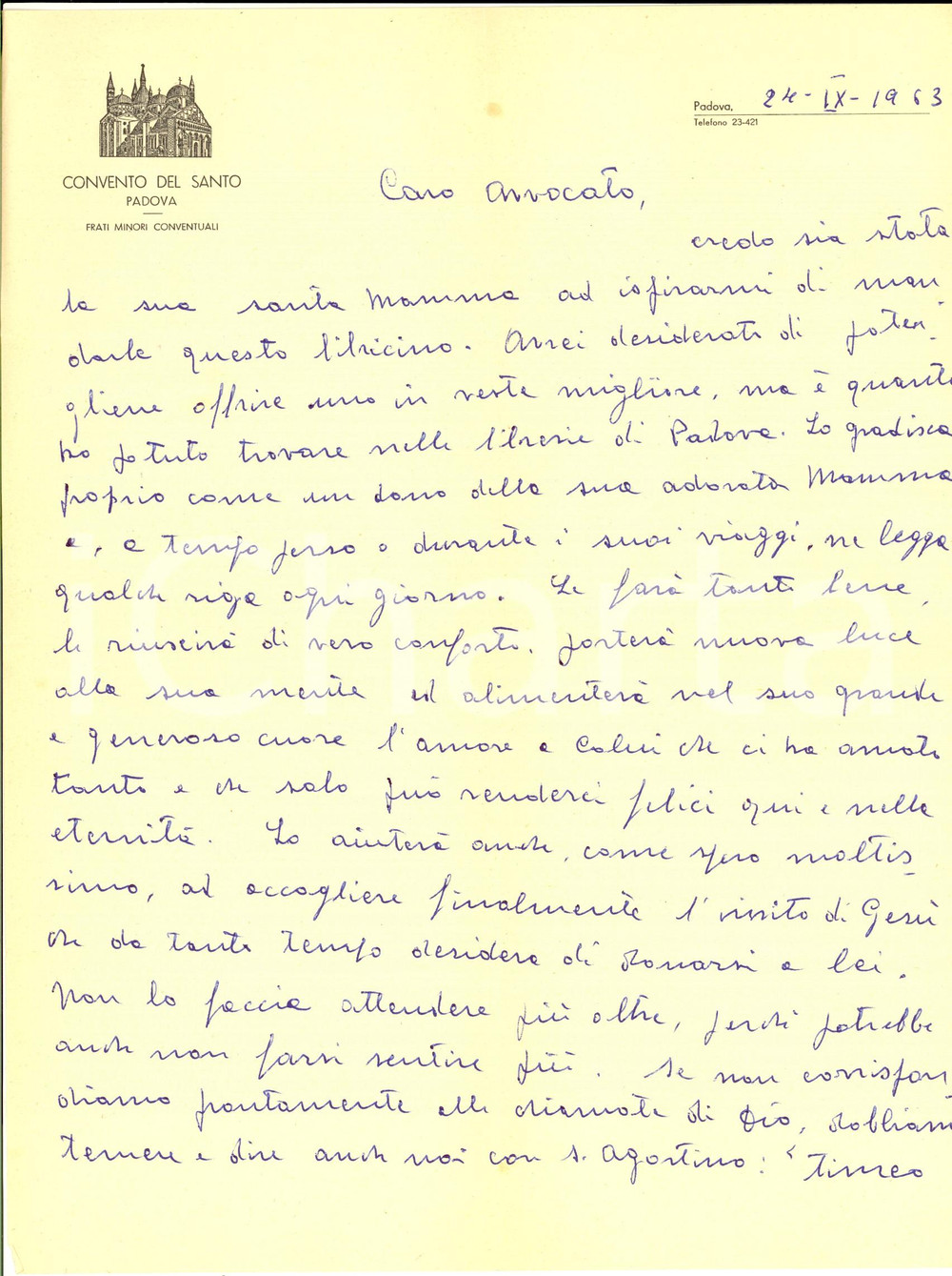 1963 PADOVA Convento del Santo - Lettera padre Andrea ECCHER per libro AUTOGRAFO