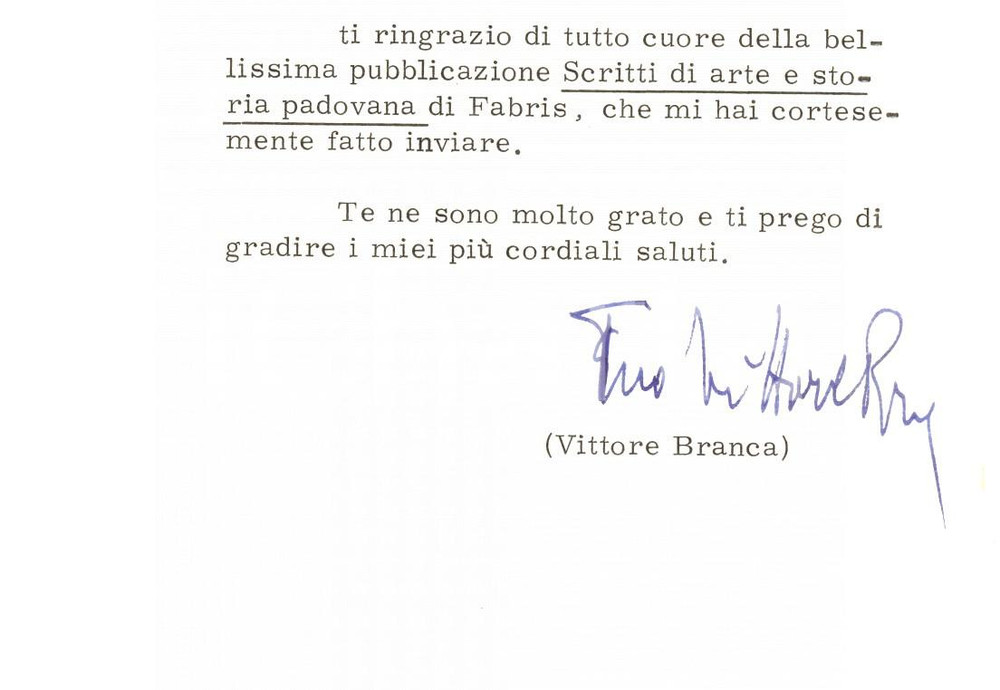 Autografo originale 1977 VENEZIA Fondazione CINI  Vittore BRANCA per ringraziamento Autografo 1