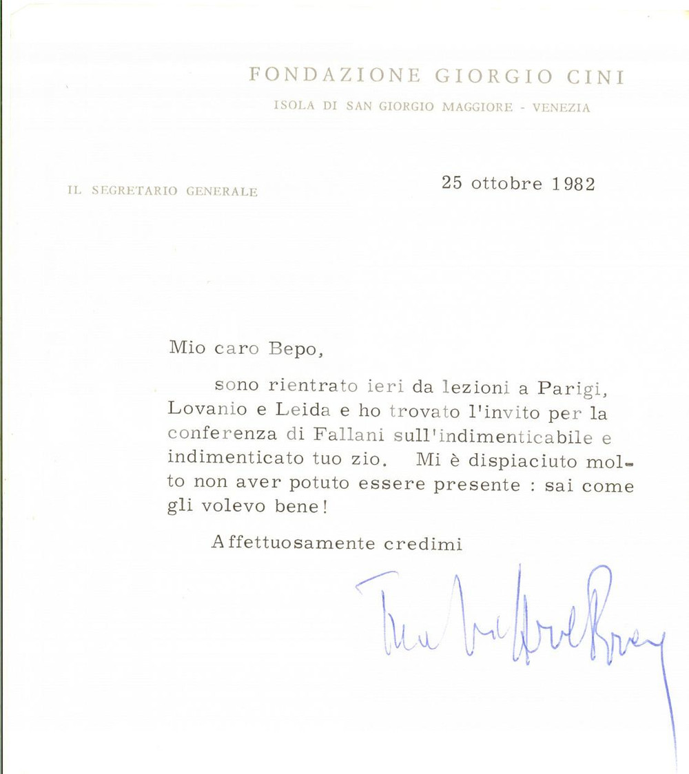 1982 VENEZIA Fondazione Giorgio CINI - Lettera Vittore BRANCA - Autografo