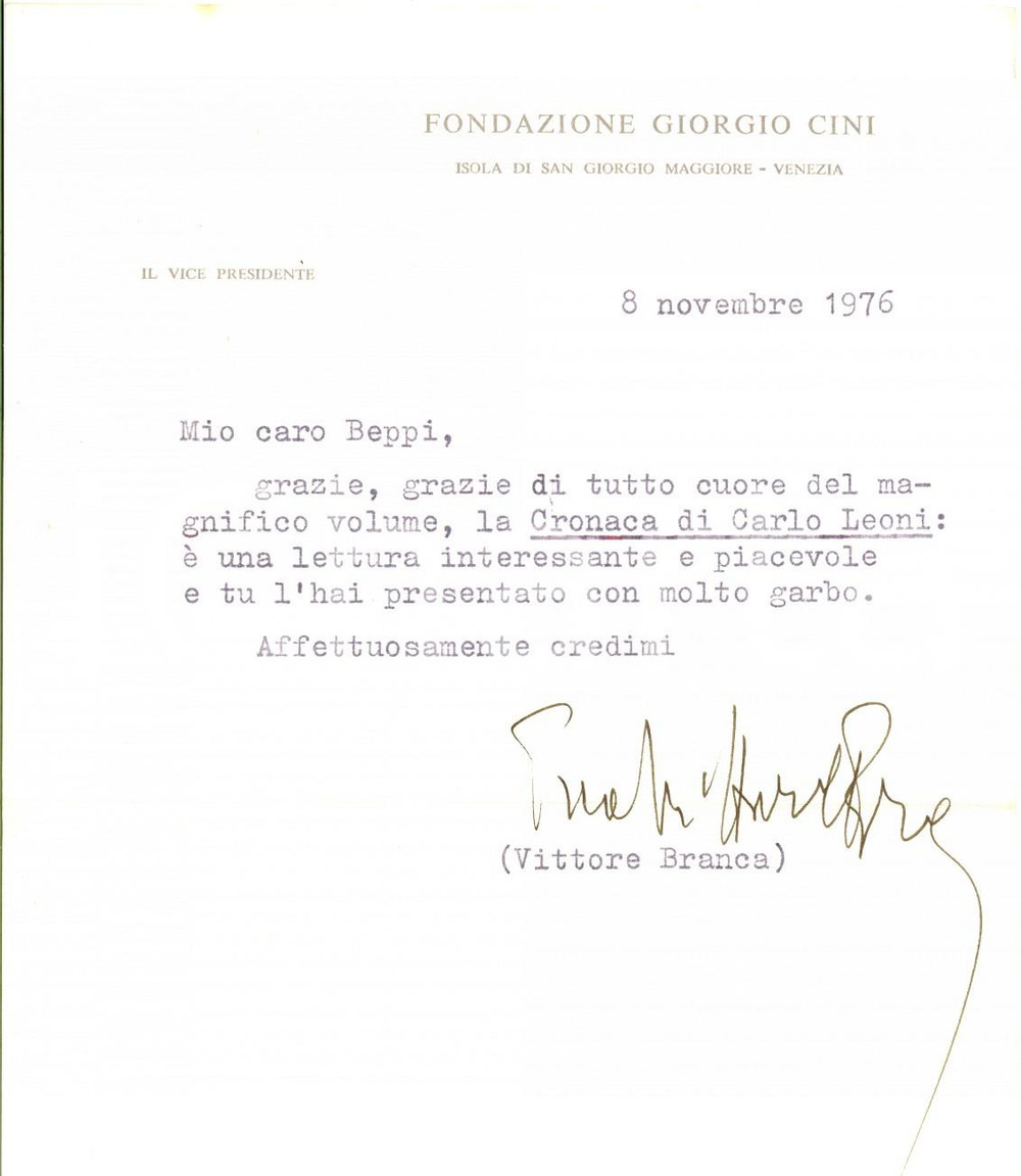 Autografo originale 1976 VENEZIA Fondazione CINI  Vittore BRANCA per ringraziamento  Autografo 1