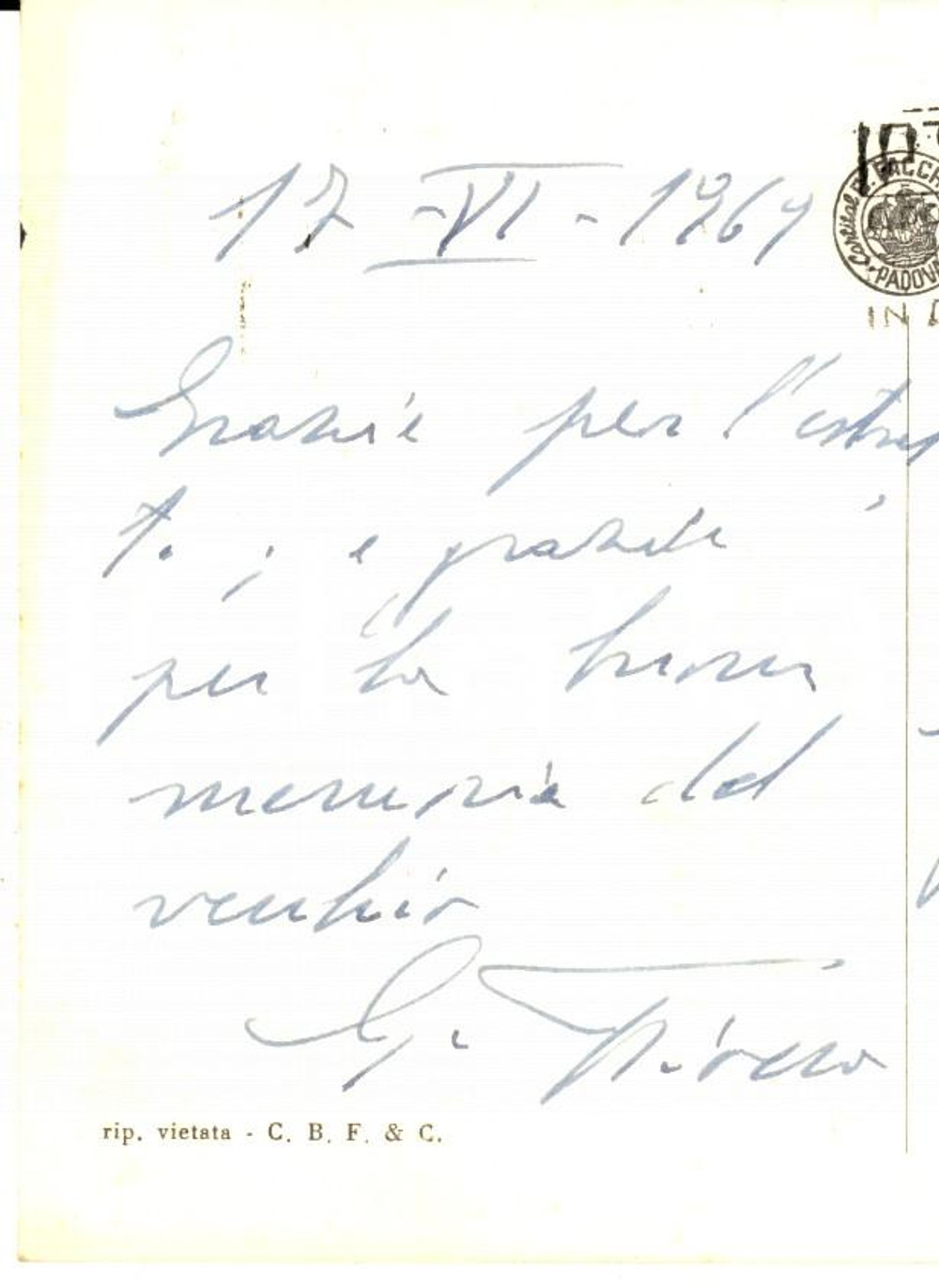 Autografo originale 1969 PADOVA Cartolina Giuseppe FIOCCO per ringraziamento  Autografo 1