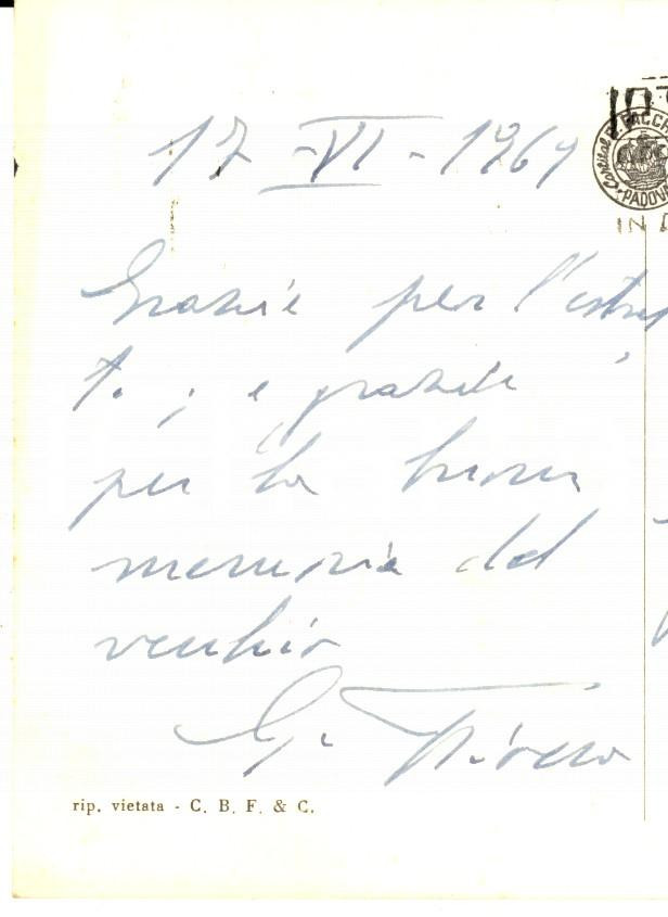 Autografo originale 1969 PADOVA Cartolina Giuseppe FIOCCO per ringraziamento  Autografo 1