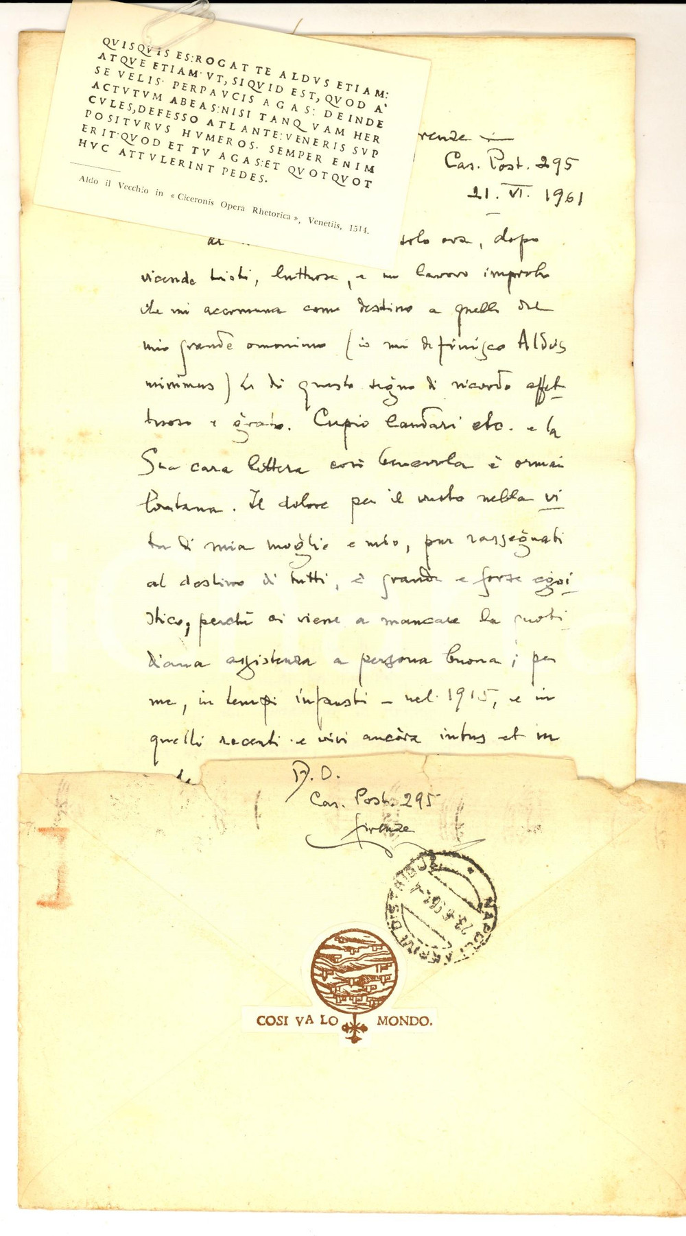 Autografo originale 1961 FIRENZE Editore Aldo OLSCHKI  Lettera per proposta acquisti  Autografo 1