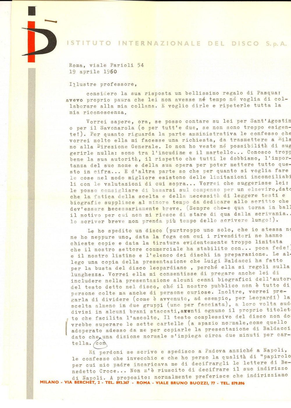 Autografo originale 1960 ROMA Istituto del Disco  Paola OJETTI per collana culturale Autografo 1