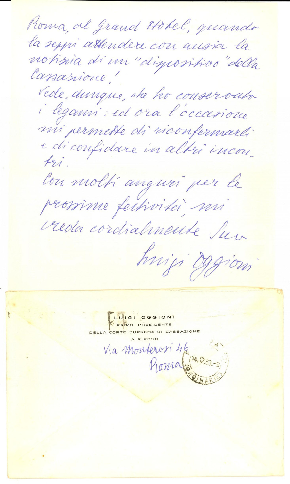 Autografo originale 1963 ROMA Lettera Luigi OGGIONI presidente Corte di Cassazione  Autografo 1